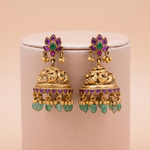 Antique Gold Lotus Temple Jhumkas with Ruby, Emerald & Green Bead Drops Ivanah Silver