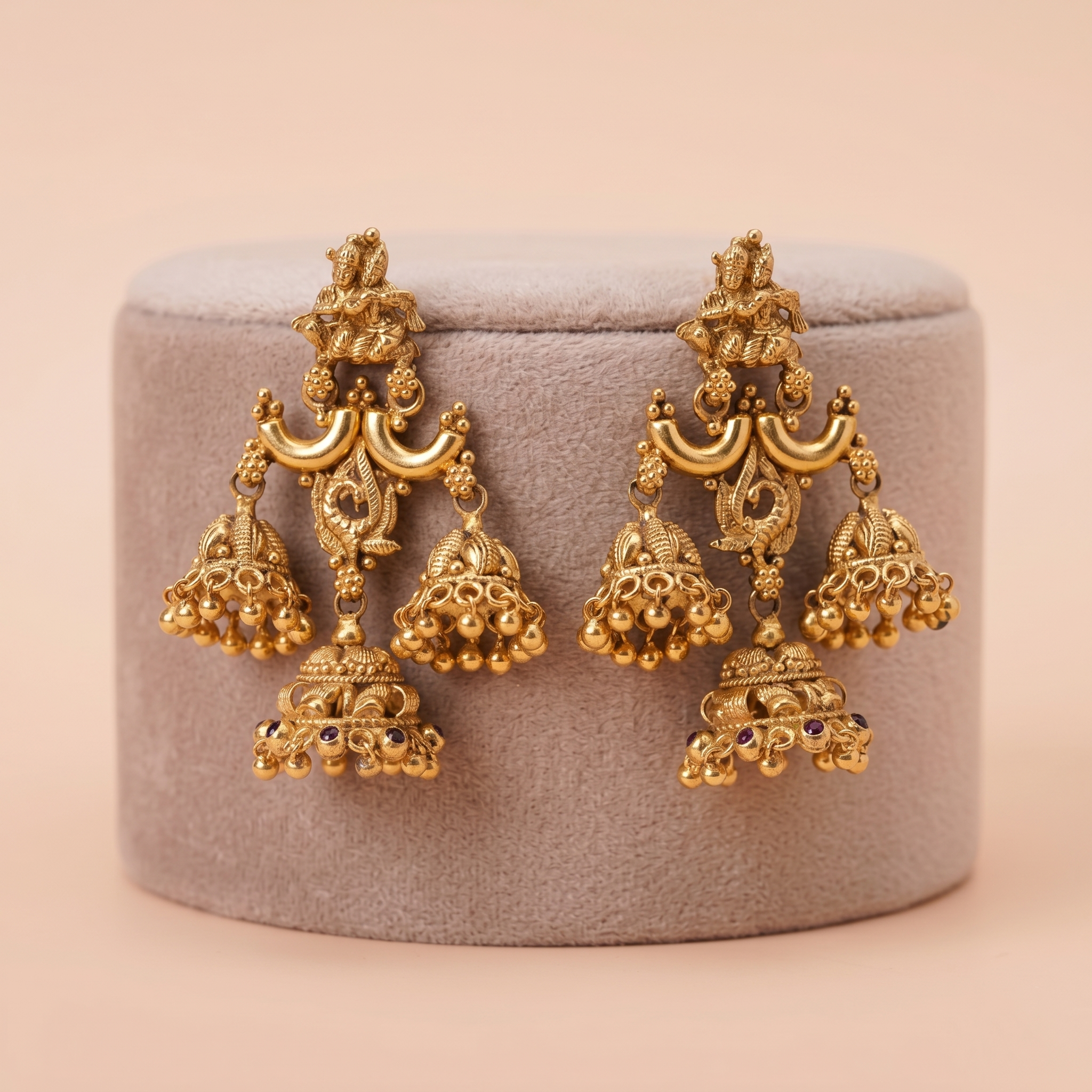 Antique Gold Divine Krishna Triple Jhumka Chandelier Earrings Ivanah Silver