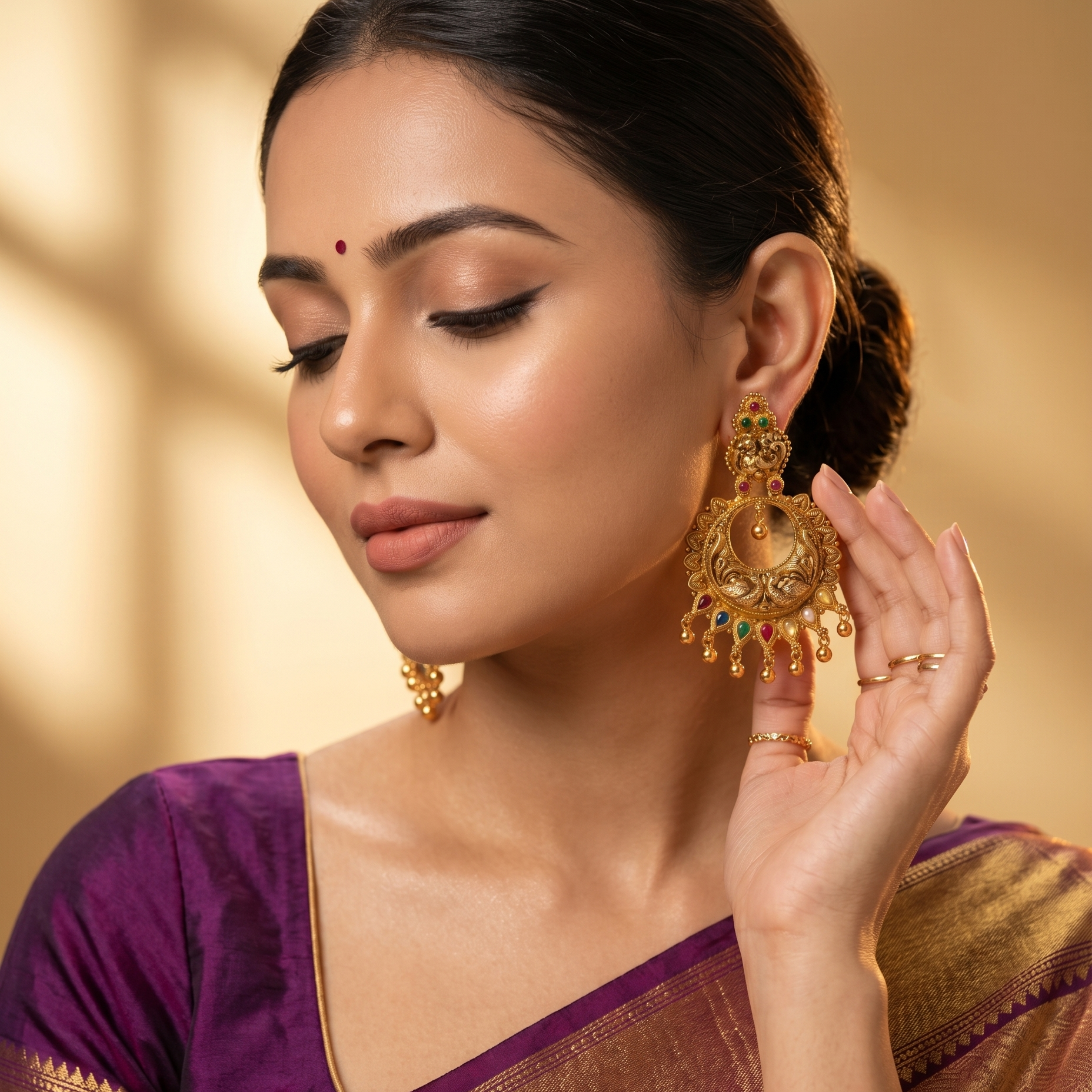Antique Gold Twin Peacock Circular Chandbali Earrings with Multicolored Stone & Ghungroo Drops Ivanah Silver
