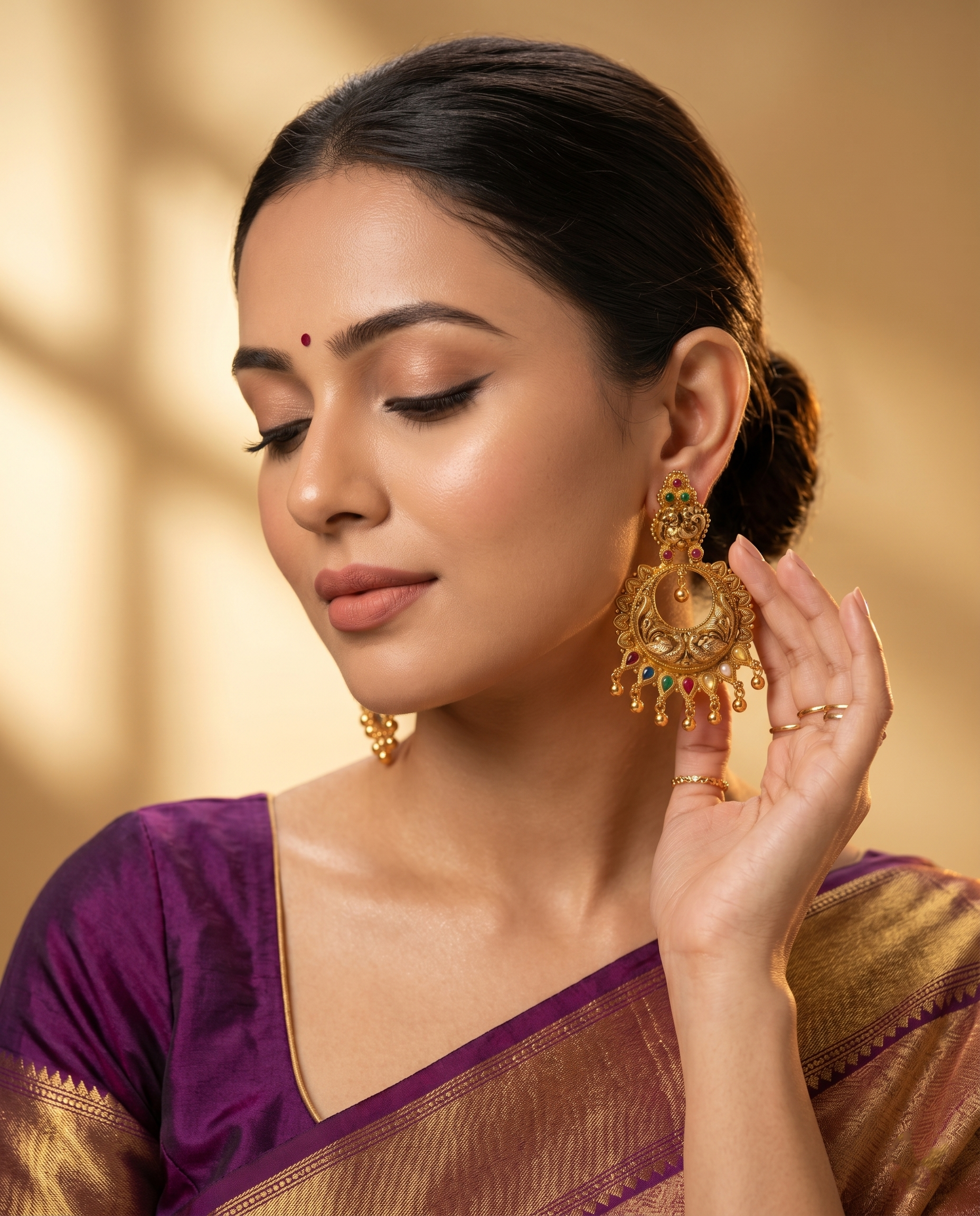 Antique Gold Twin Peacock Circular Chandbali Earrings with Multicolored Stone & Ghungroo Drops Ivanah Silver