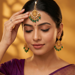 Antique Gold Goddess Lakshmi Temple Maang Tikka with Emerald Green Drops Ivanah Silver