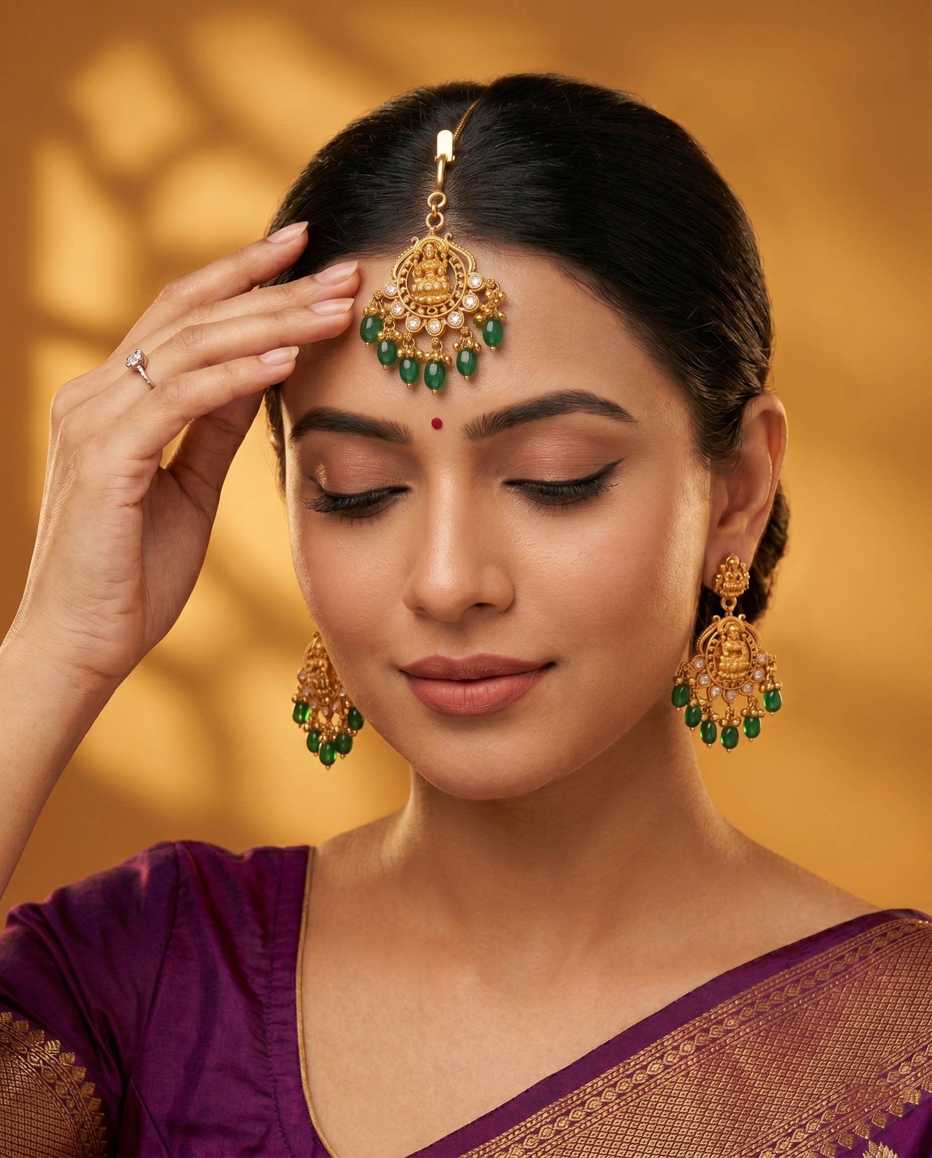 Antique Gold Goddess Lakshmi Temple Maang Tikka with Emerald Green Drops Ivanah Silver