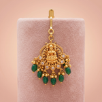 Antique Gold Goddess Lakshmi Temple Maang Tikka with Emerald Green Drops Ivanah Silver