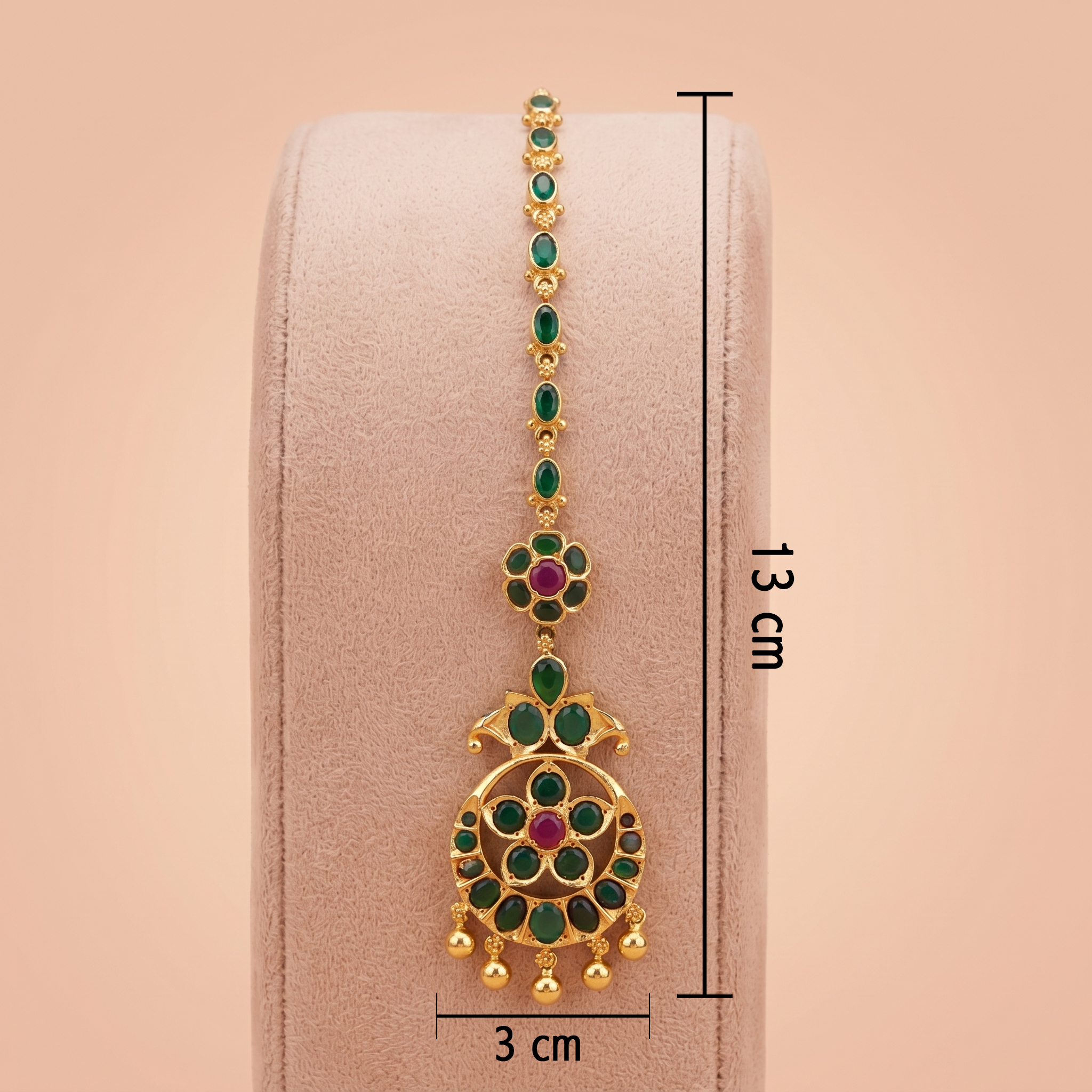 Antique Gold Emerald Green Kemp Maang Tikka with Ruby Accent Ivanah Silver