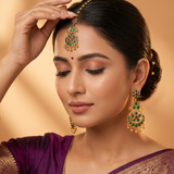 Antique Gold Emerald Green Kemp Maang Tikka with Ruby Accent Ivanah Silver