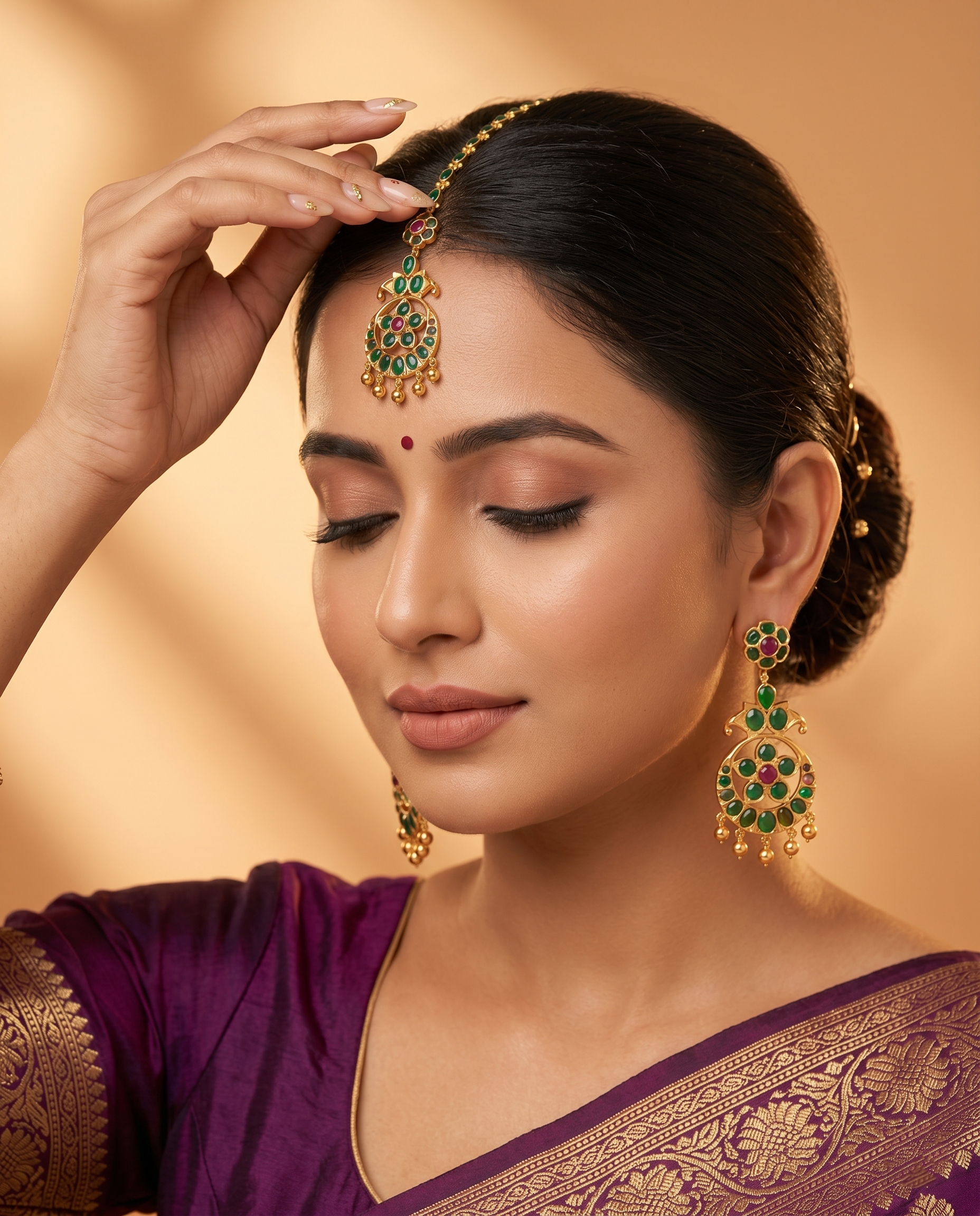 Antique Gold Emerald Green Kemp Maang Tikka with Ruby Accent Ivanah Silver