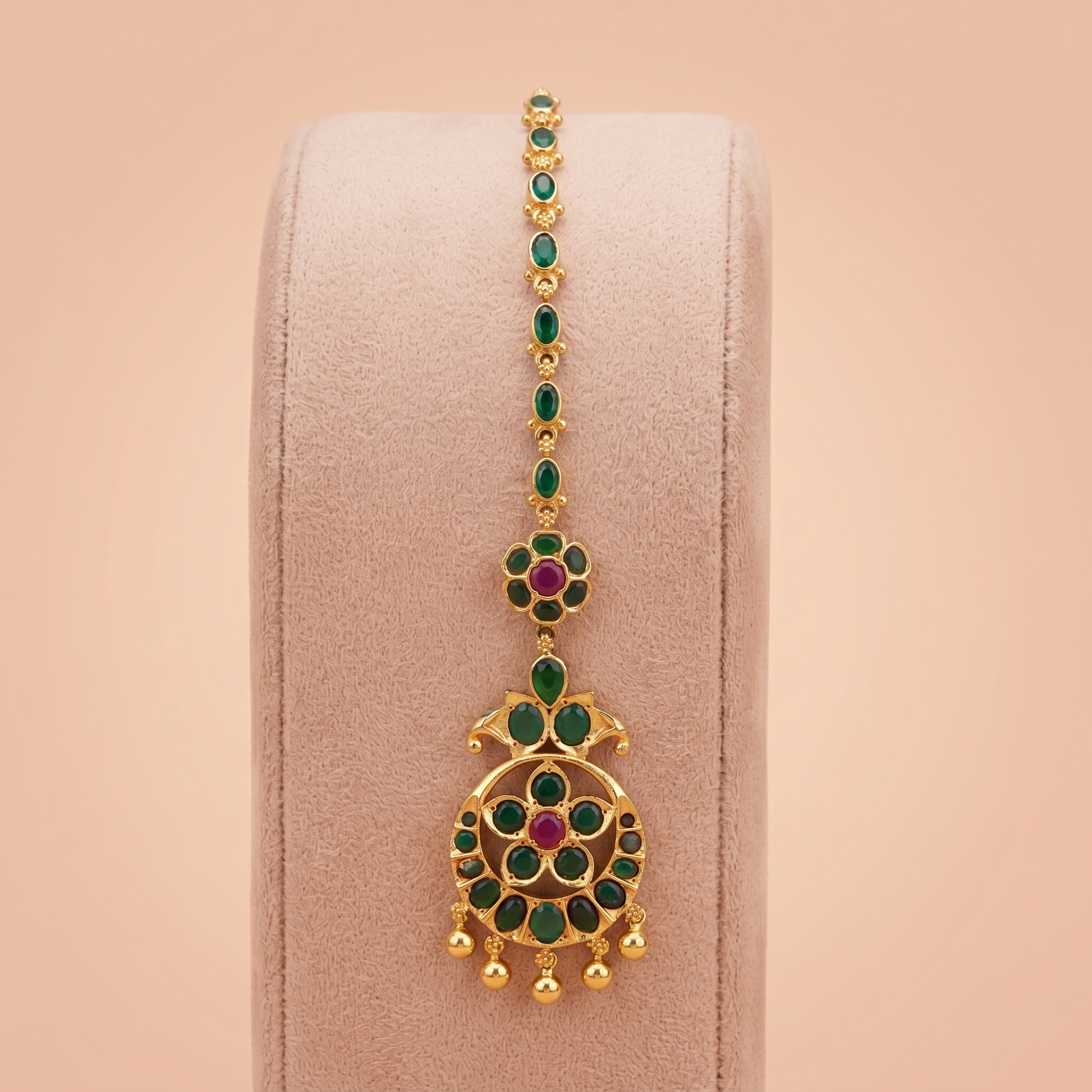 Antique Gold Emerald Green Kemp Maang Tikka with Ruby Accent Ivanah Silver