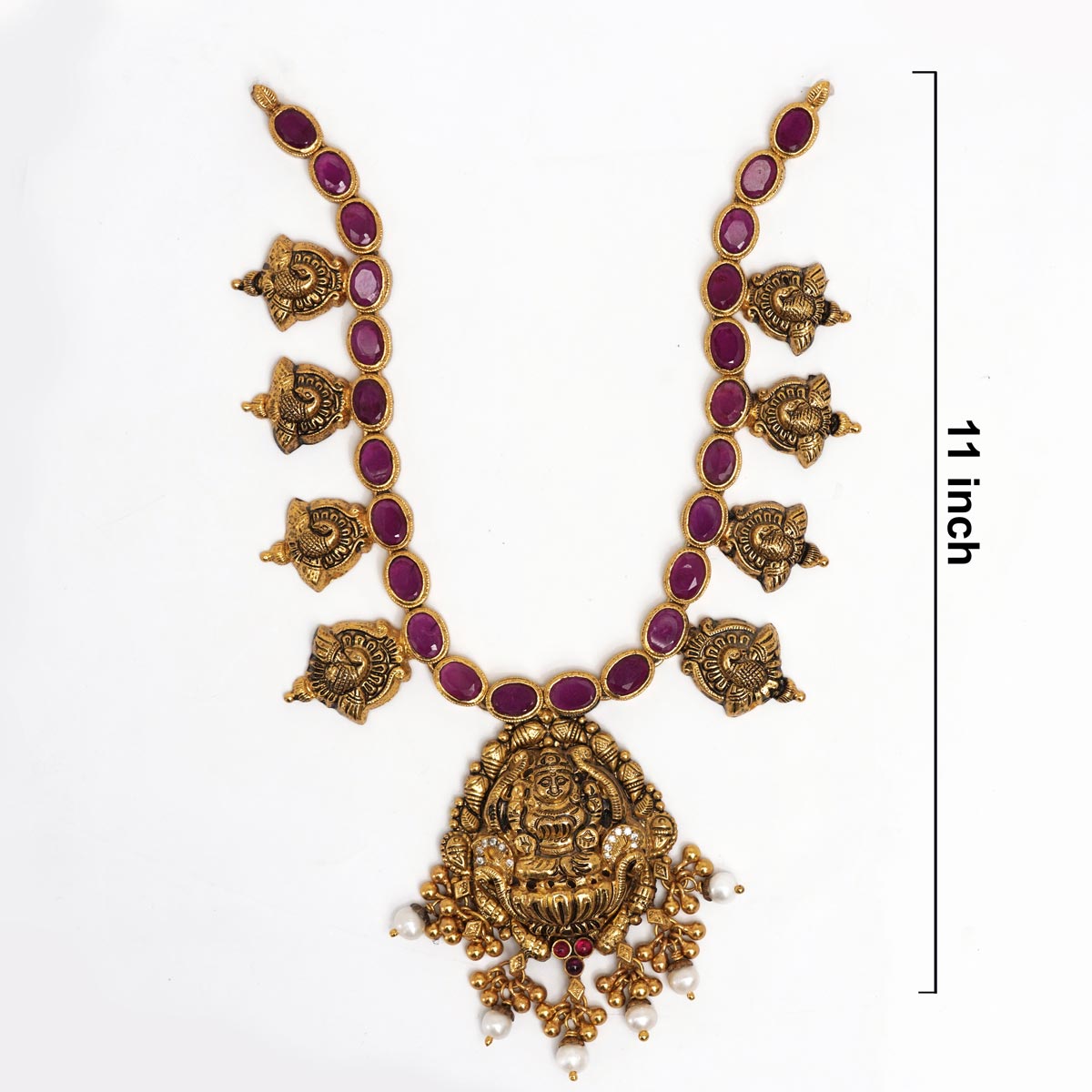92.5 Silver Gold Plated Antique Ruby Kemp Necklace with Lakshmi Pendant & Mango Motifs Ivanah Silver