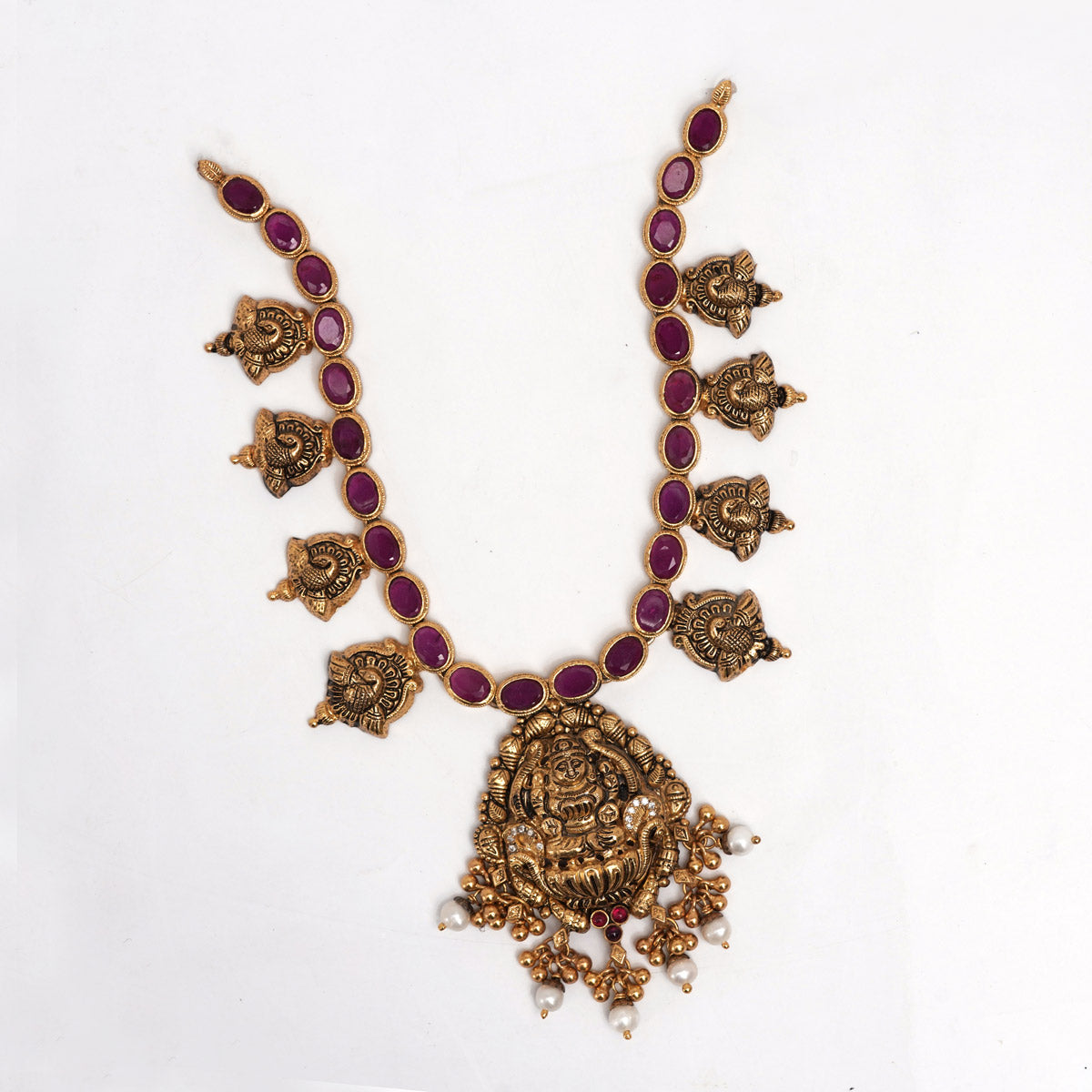92.5 Silver Gold Plated Antique Ruby Kemp Necklace with Lakshmi Pendant & Mango Motifs Ivanah Silver