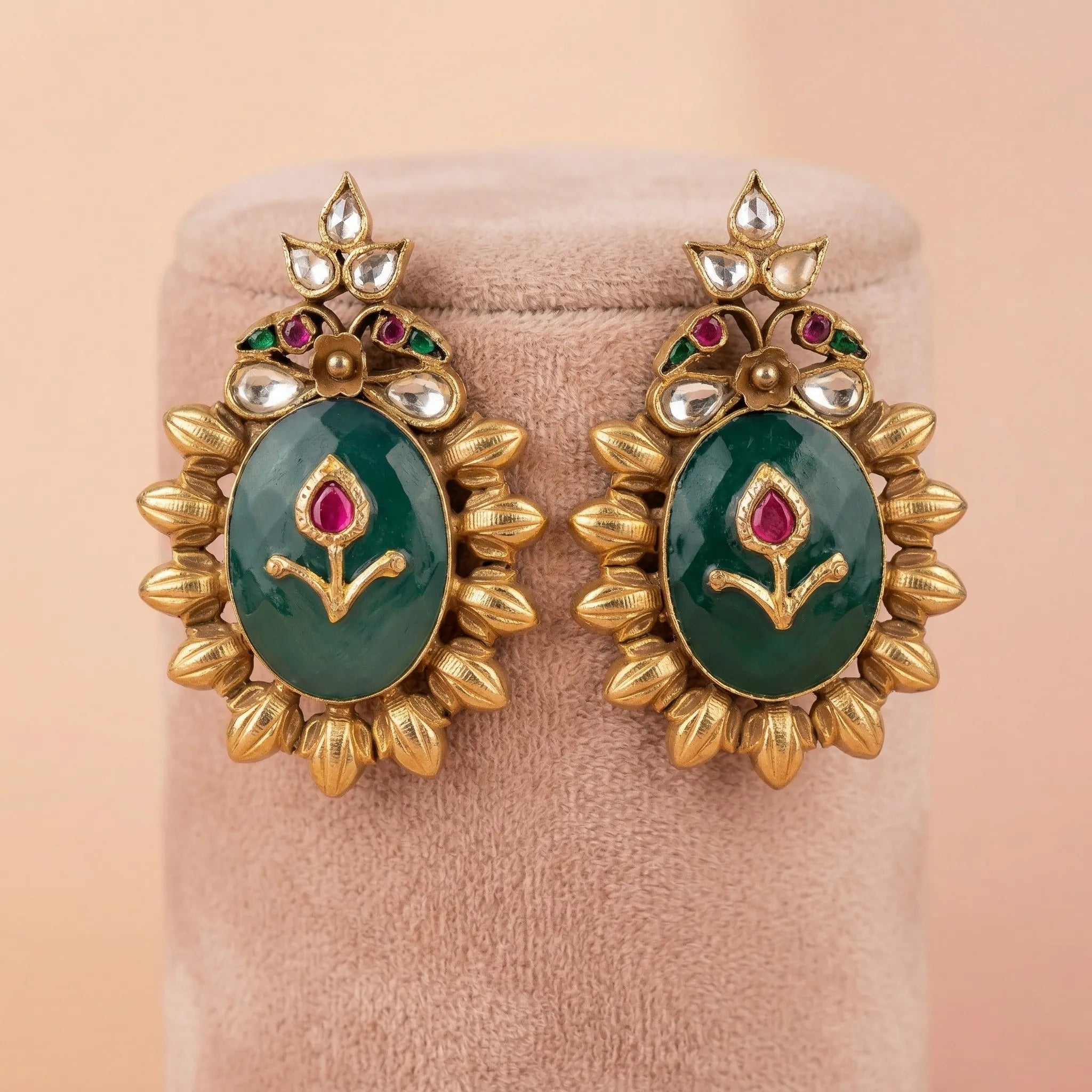 92.5 Silver Antique Green Oval Statement Stud Ivanah Silver
