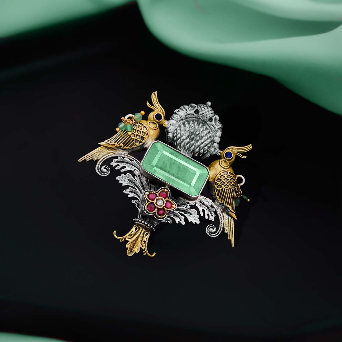 92.5 Silver Vintage Twin Birds Cocktail Ring Oxidized & Gold Plated with Floral Accents Ivanah Silver