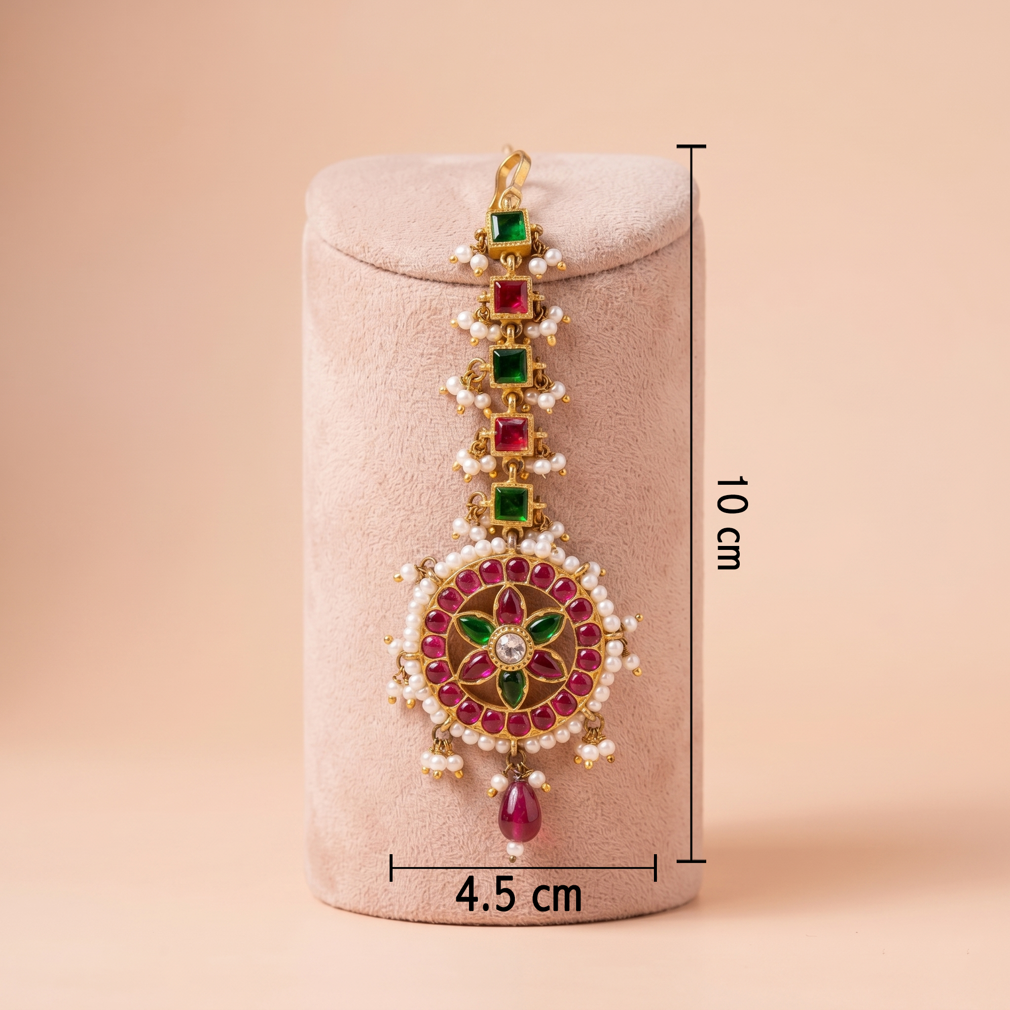 Antique Gold Kemp Maang Tikka with Pearl Clusters & Ruby Drop Ivanah Silver