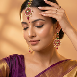 Antique Gold Kemp Maang Tikka with Pearl Clusters & Ruby Drop Ivanah Silver