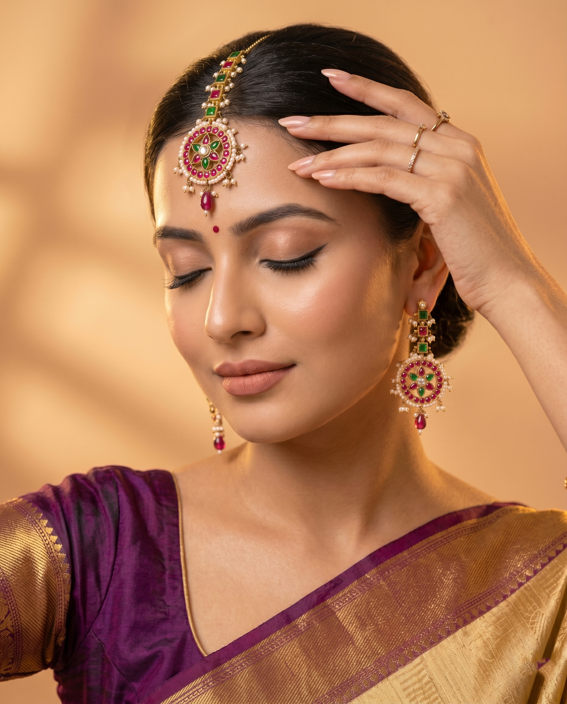Antique Gold Kemp Maang Tikka with Pearl Clusters & Ruby Drop Ivanah Silver