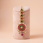 Antique Gold Kemp Maang Tikka with Pearl Clusters & Ruby Drop Ivanah Silver