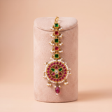 Antique Gold Kemp Maang Tikka with Pearl Clusters & Ruby Drop Ivanah Silver