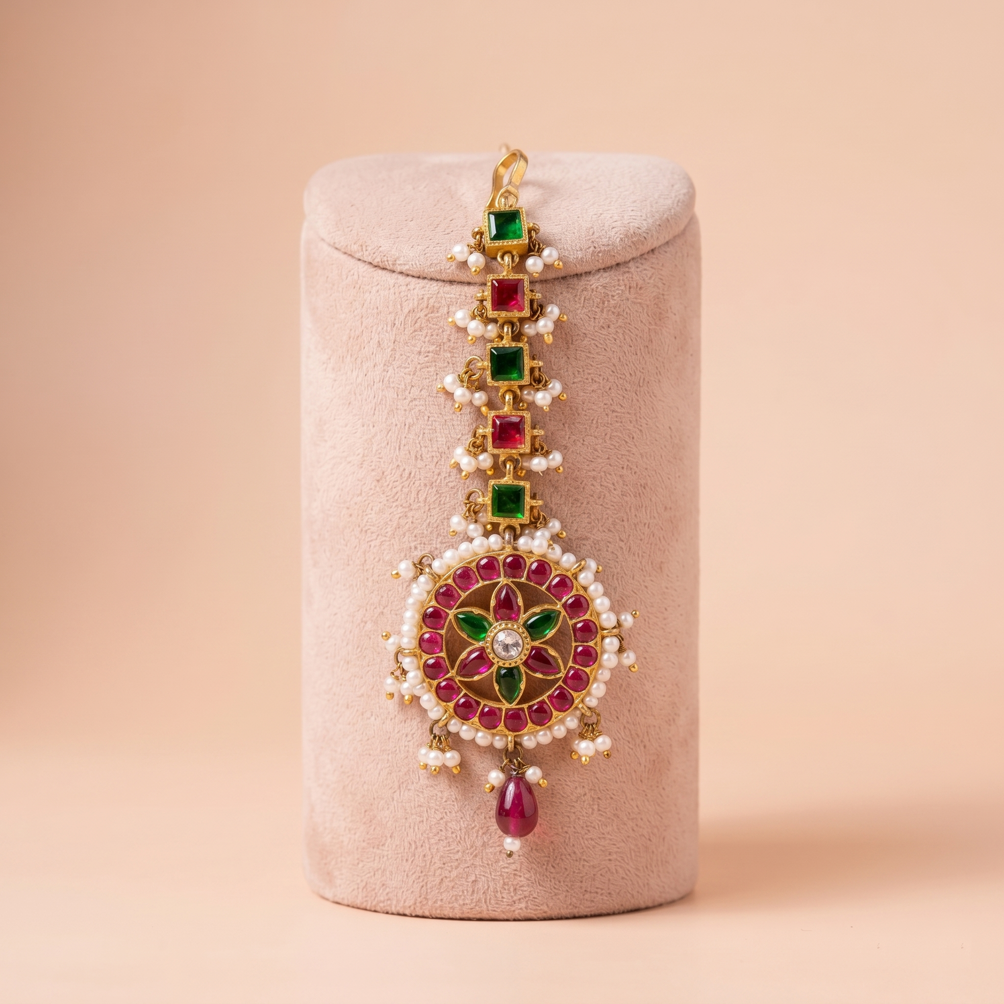 Antique Gold Kemp Maang Tikka with Pearl Clusters & Ruby Drop Ivanah Silver