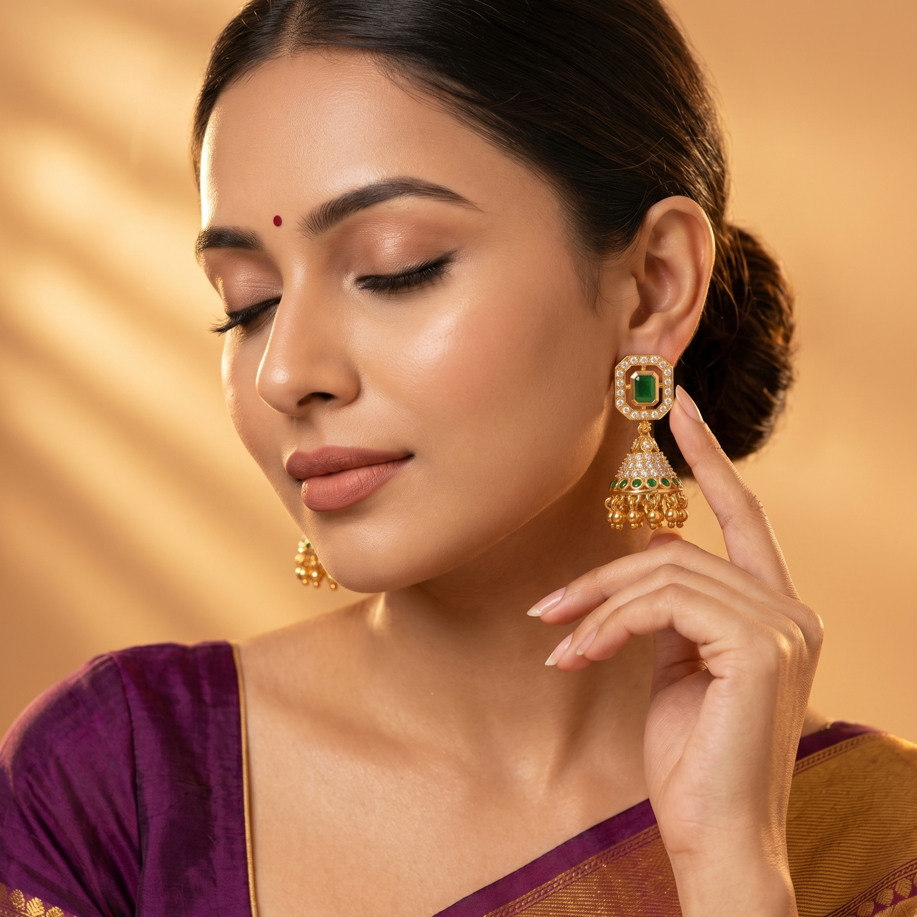 Gold Emerald & CZ Octagonal Halo Jhumka Earrings with Bead Drops Ivanah Silver