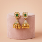 Gold Emerald & CZ Octagonal Halo Jhumka Earrings with Bead Drops Ivanah Silver