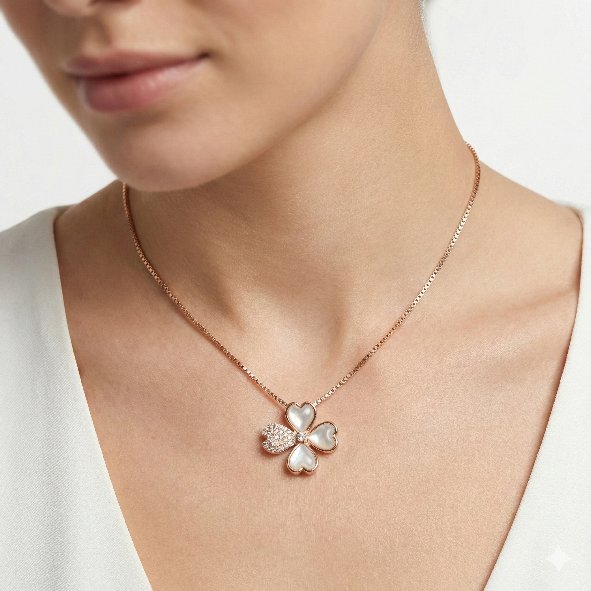 92.5 Rose Gold Mother of Pearl Clover Chain With Pendant Ivanah Silver