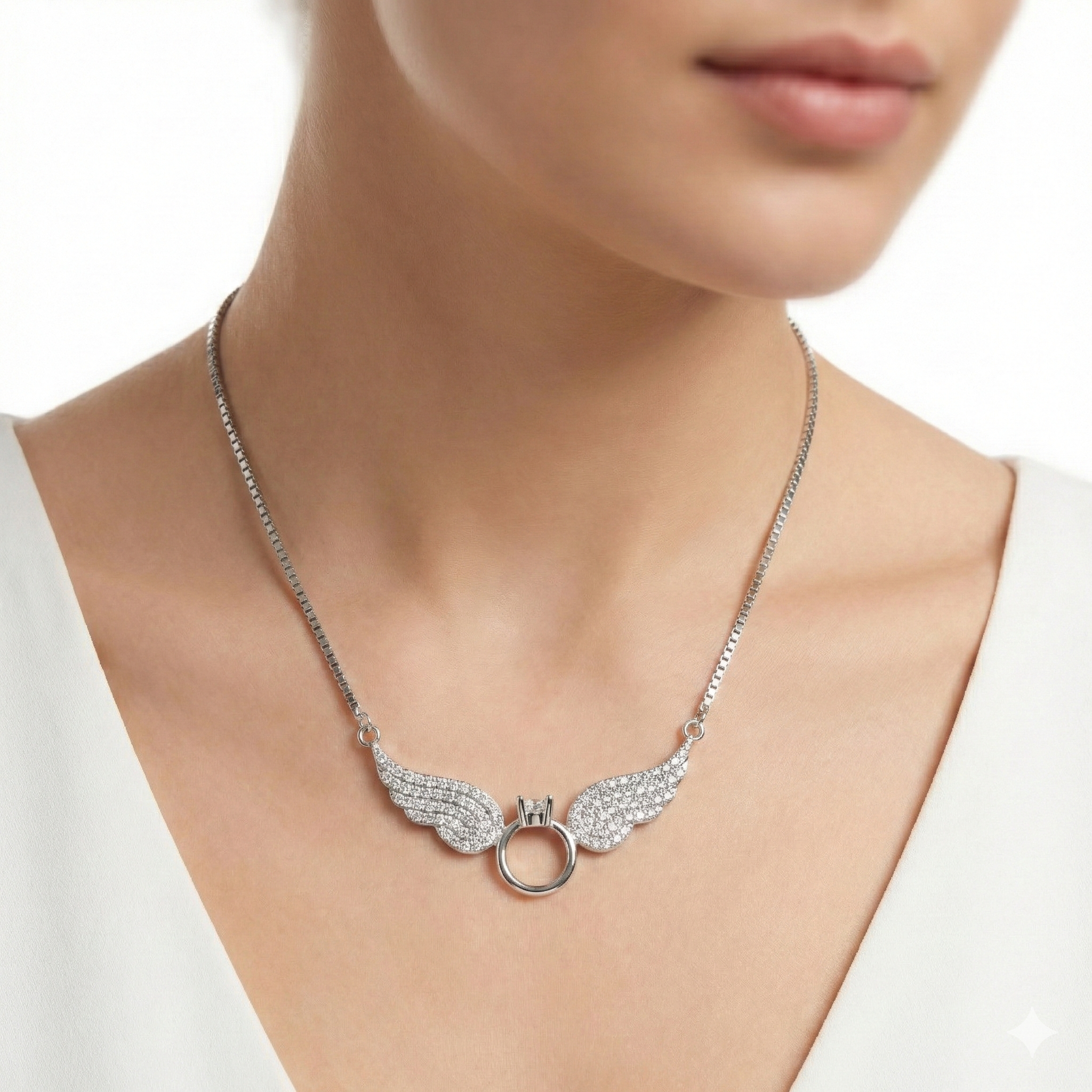 92.5 Silver Angel Wing Ring Chain with Pendant Ivanah Silver