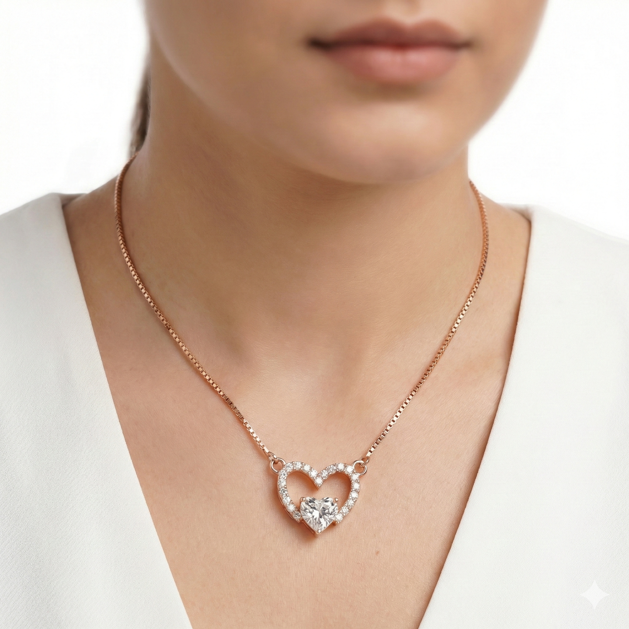 92.5 Silver Rose Gold Pave Open Heart Stone Chain with pendant Ivanah Silver