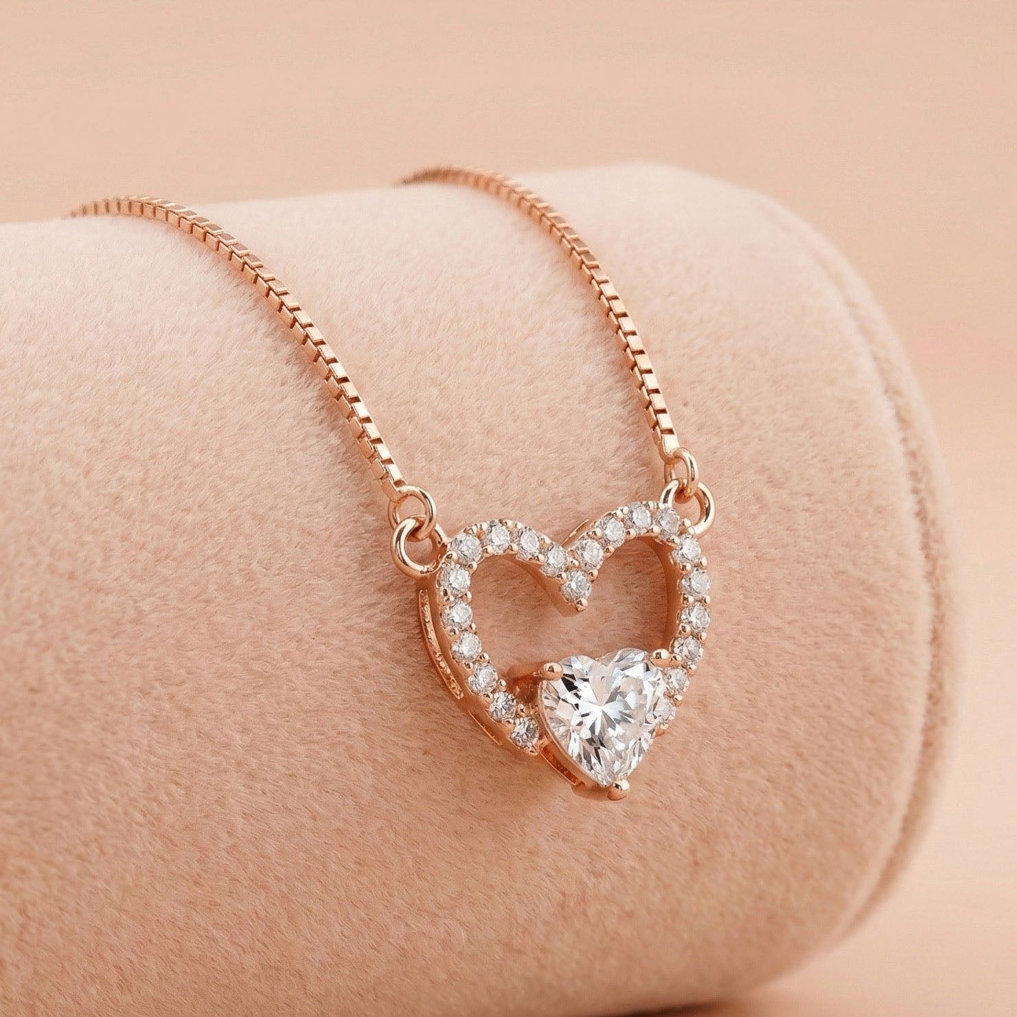 92.5 Silver Rose Gold Pave Open Heart Stone Chain with pendant Ivanah Silver