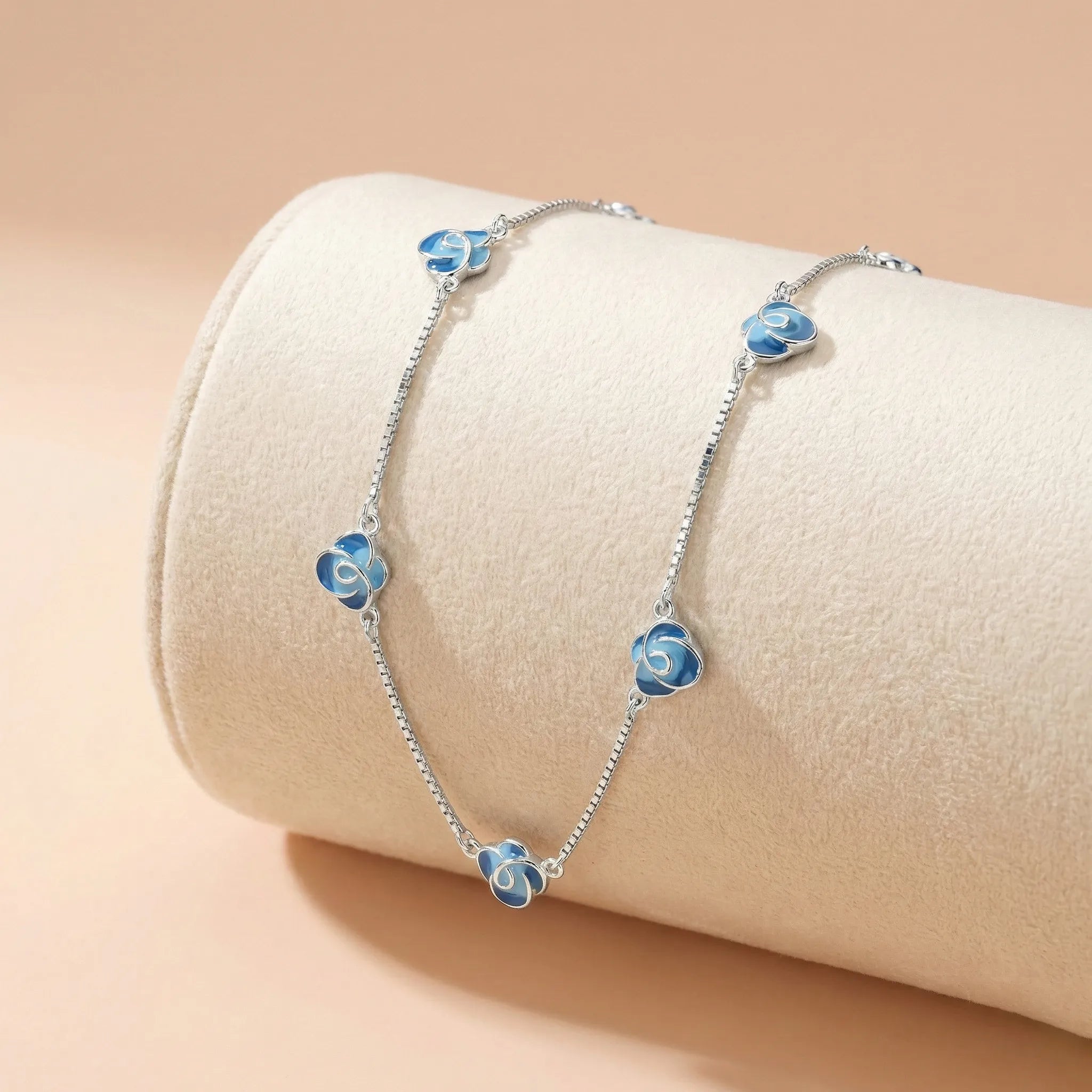 92.5 Rose Gold Blue Floral Station Charms Chain Ivanah Silver