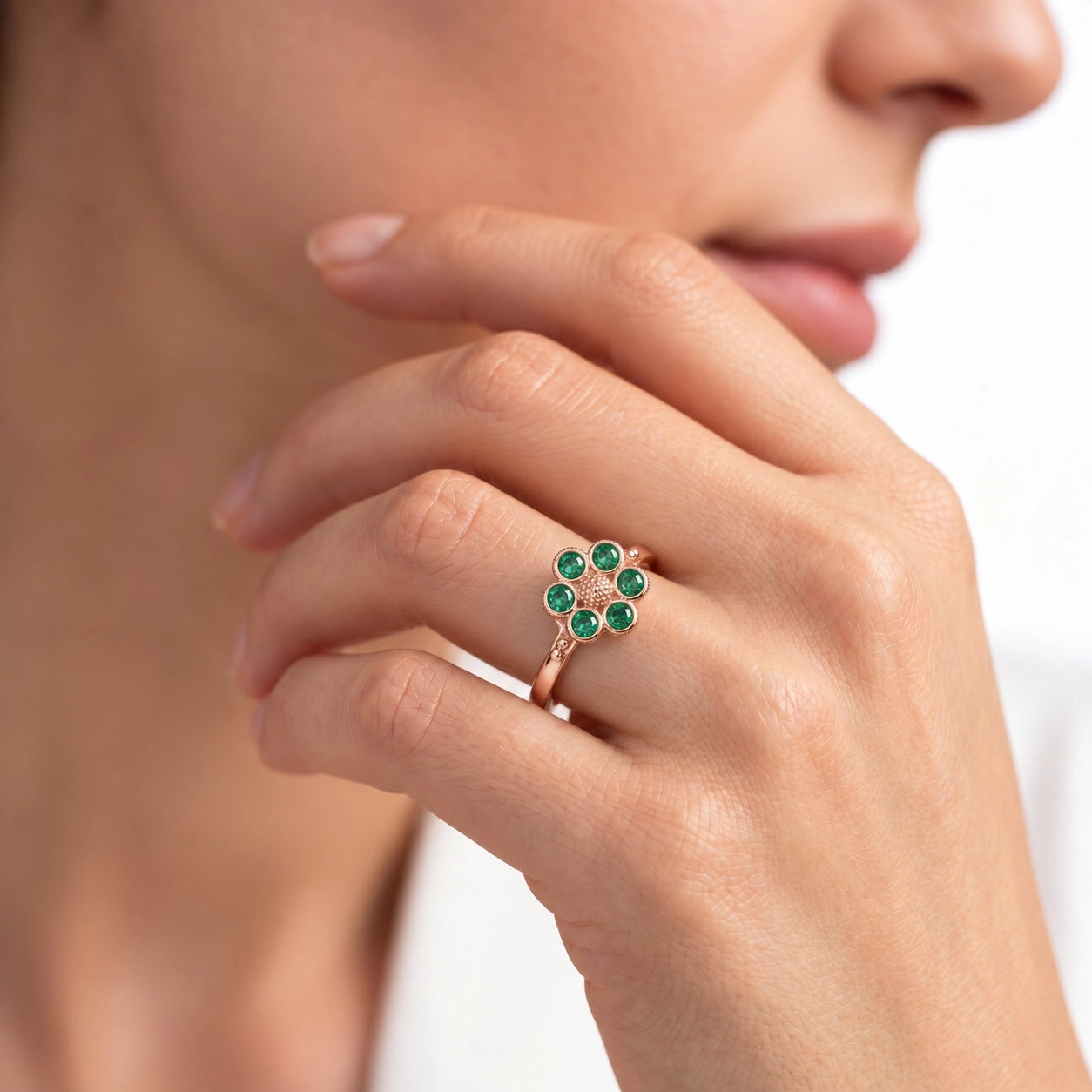 92.5 Silver Rose Gold Plated Green Stone Floral Ring Ivanah Silver