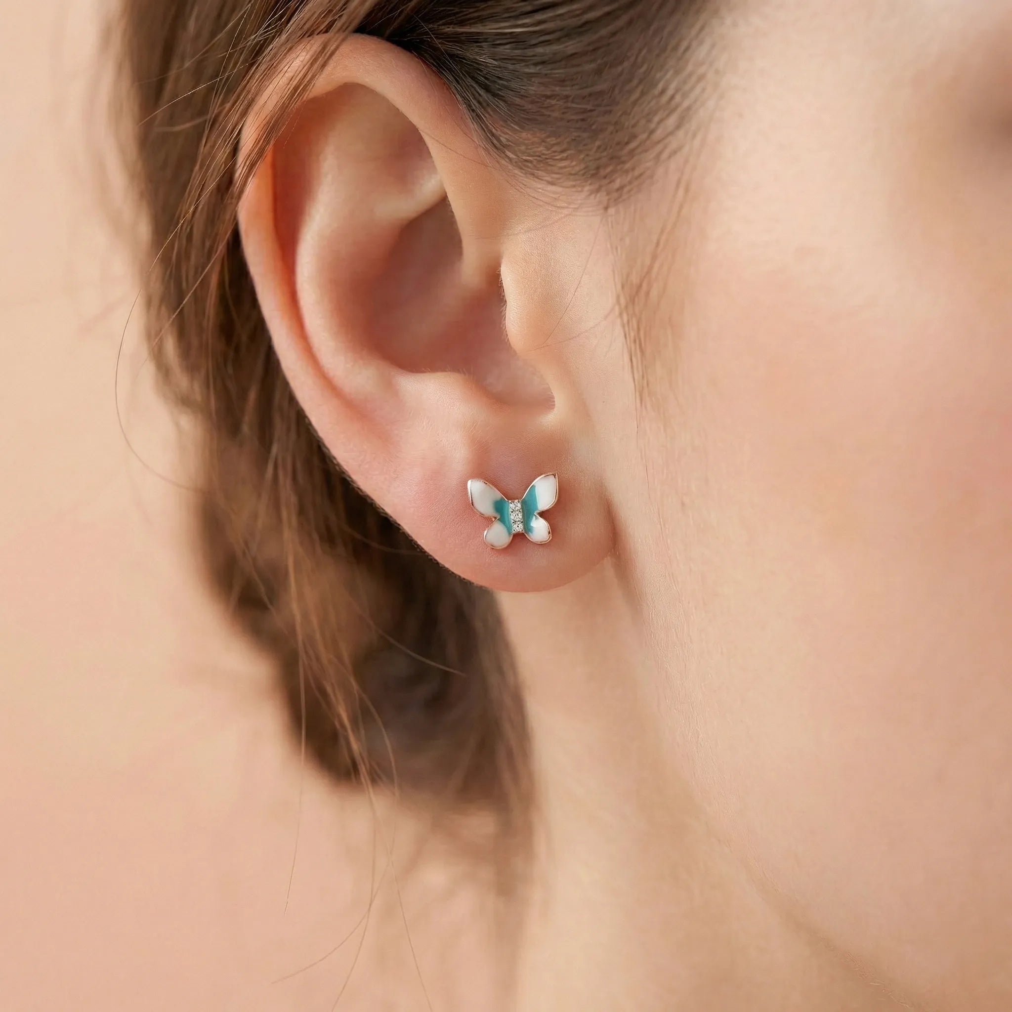 92.5 Rose Gold Silver Teal & White Enamel Butterfly Stud Ivanah Silver