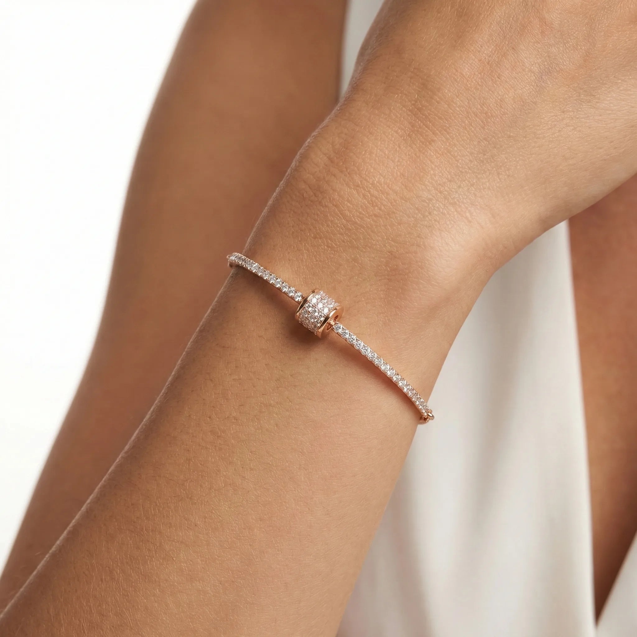 Rose Gold 92.5 Silver Bolo Bracelet with CZ Cylinder Charm Ivanah Silver