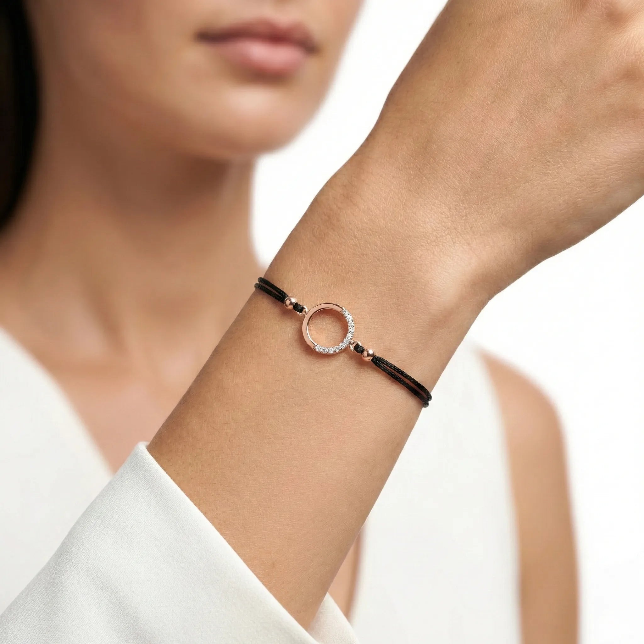 92.5 Silver Rose Gold Black Cord Karma Circle Bracelet Ivanah Silver