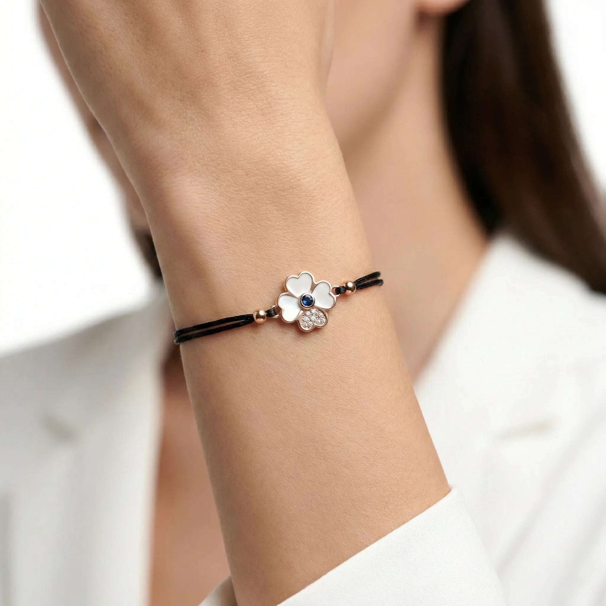 92.5 Silver Rose Gold  Black Cord Enamel Flower Bracelet Ivanah Silver