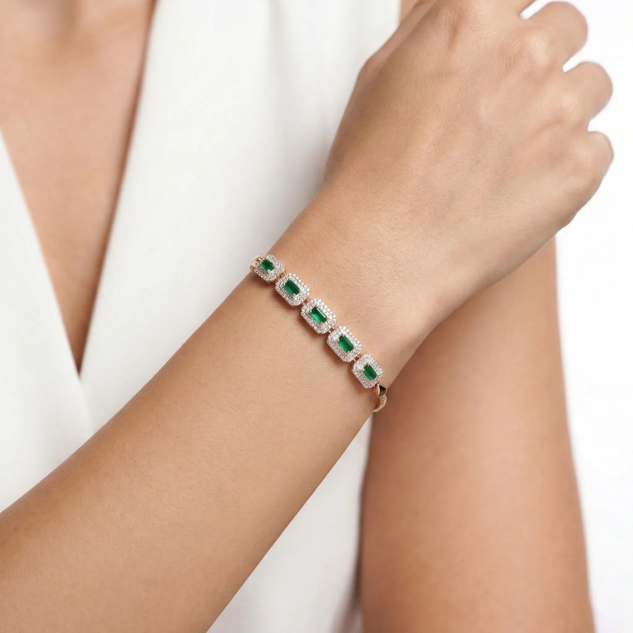 92.5 Silver Rose Gold  Emerald-Cut Green Halo Bracelet Ivanah Silver
