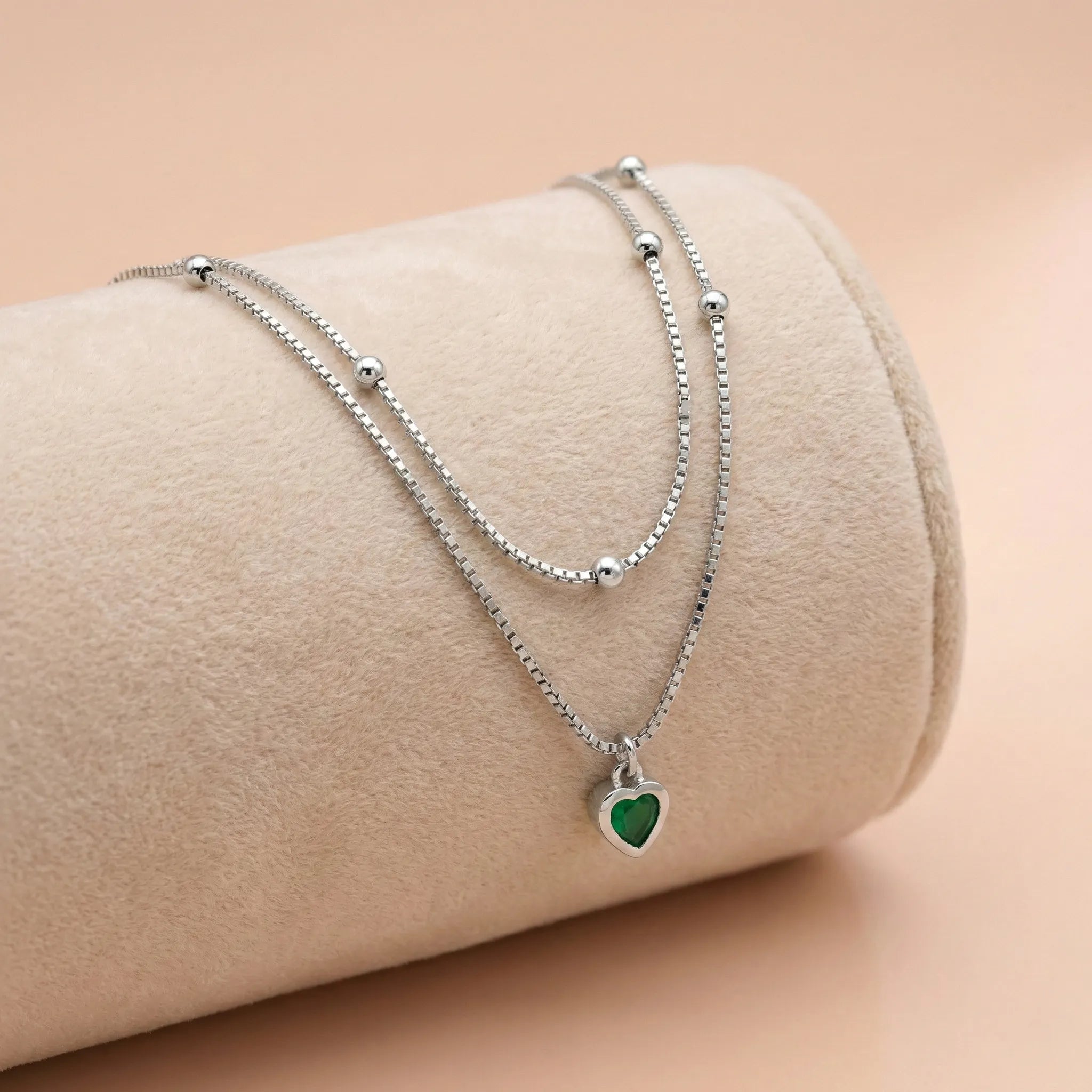 92.5 Silver Layered Green Heart Pendant with Chain Ivanah Silver
