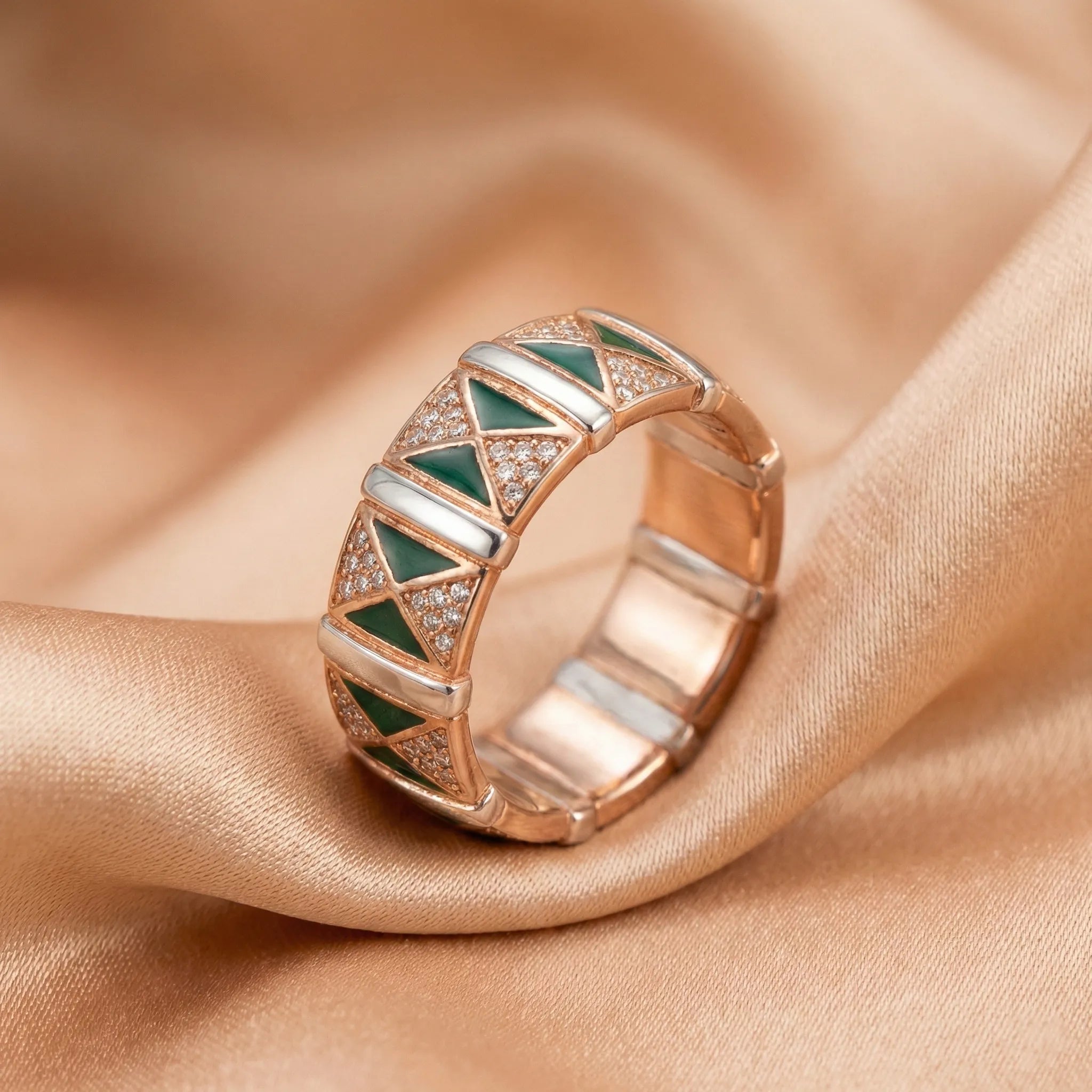 92.5 Silver in Rose Gold Finish with Green Triangles & Crystal Accents Ivanah Silver