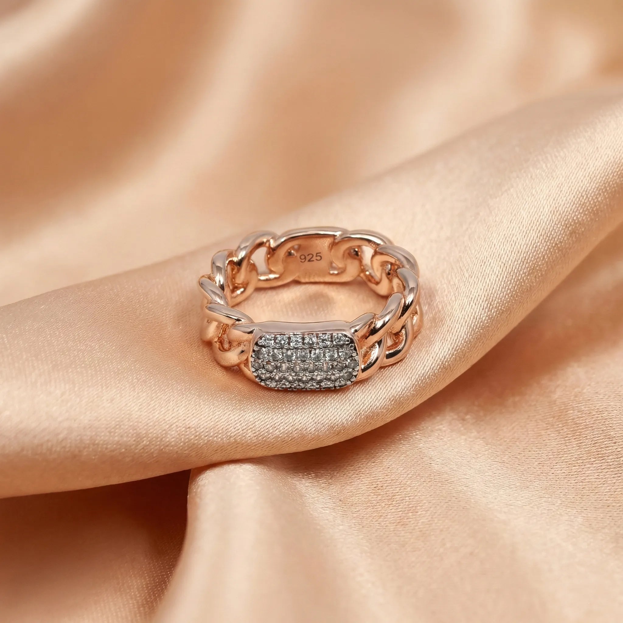 92.5 Silver Cuban Link Ring with Pave Crystal Plate Ring Ivanah Silver