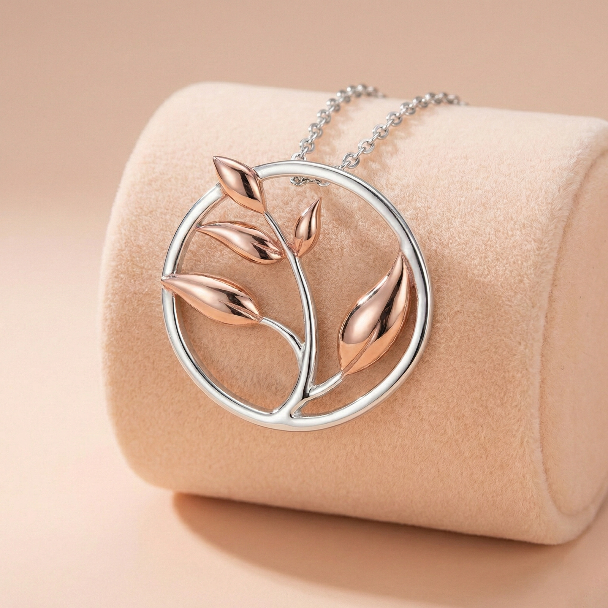 92.5 Sterling Silver & Rose Gold Two-Tone Leaf Circle Pendant Ivanah Silver