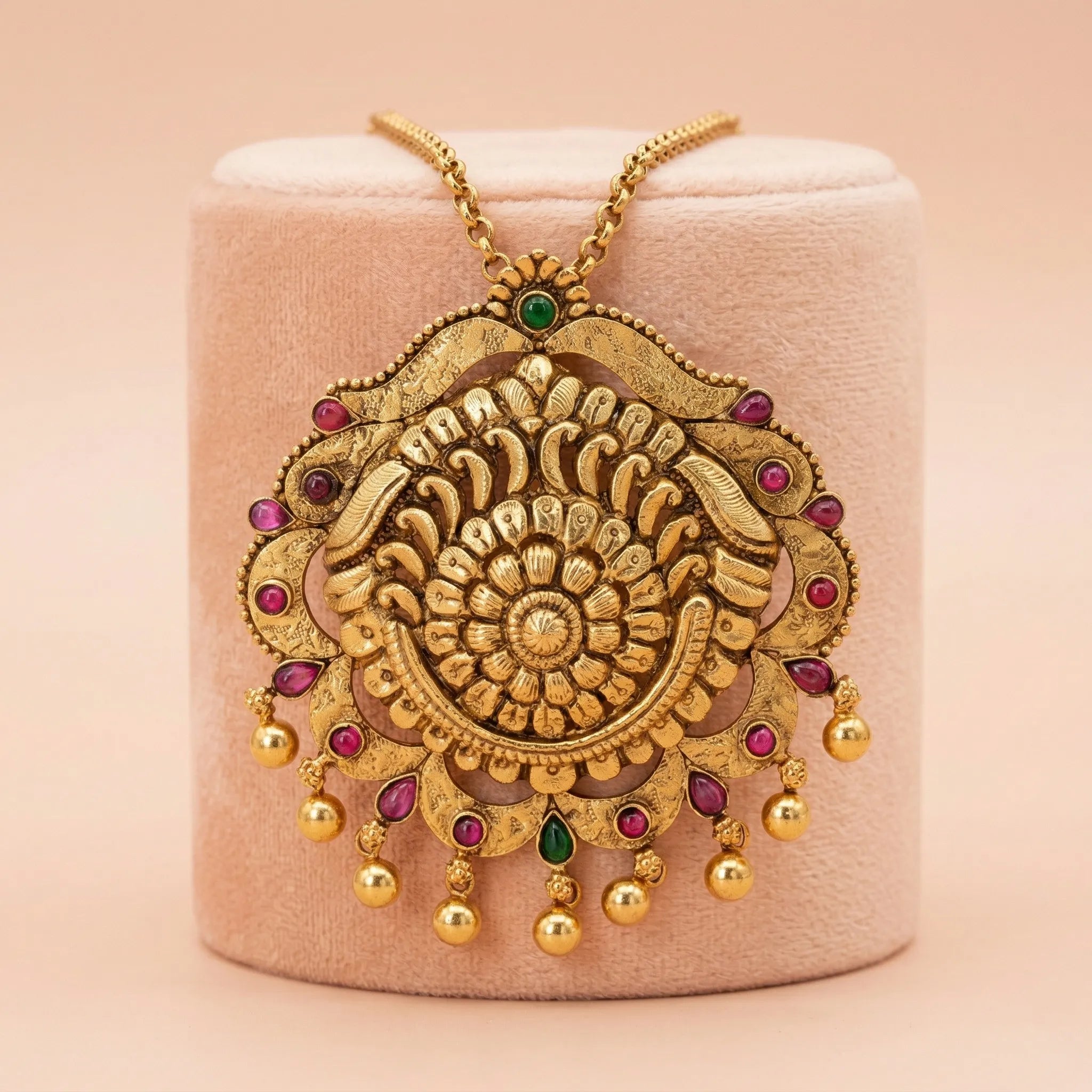 Antique Gold Plated 92.5 Silver Floral Temple Pendant Ivanah Silver
