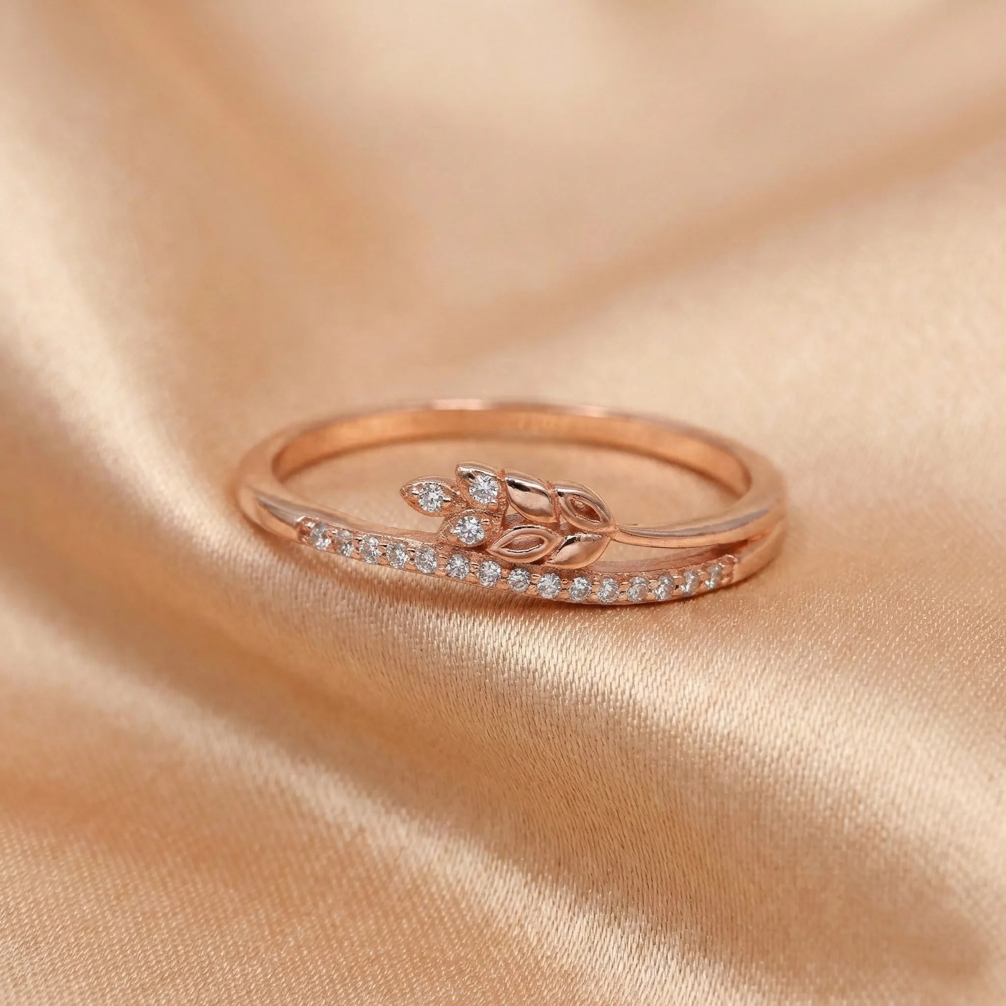 92.5 Silver Rose Gold Plated Pave Leaf Bypass Ring Ivanah Silver