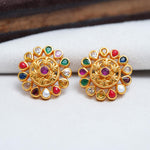 92.5 Silver Gold Plated Traditional Navaratna-Style Floral Gold Studs Ivanah Silver