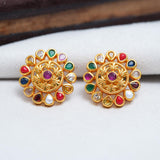 92.5 Silver Gold Plated Traditional Navaratna-Style Floral Gold Studs Ivanah Silver