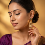 Antique Gold Goddess Lakshmi Shrine Earrings with CZ & Pearl Ruby Drops Ivanah Silver