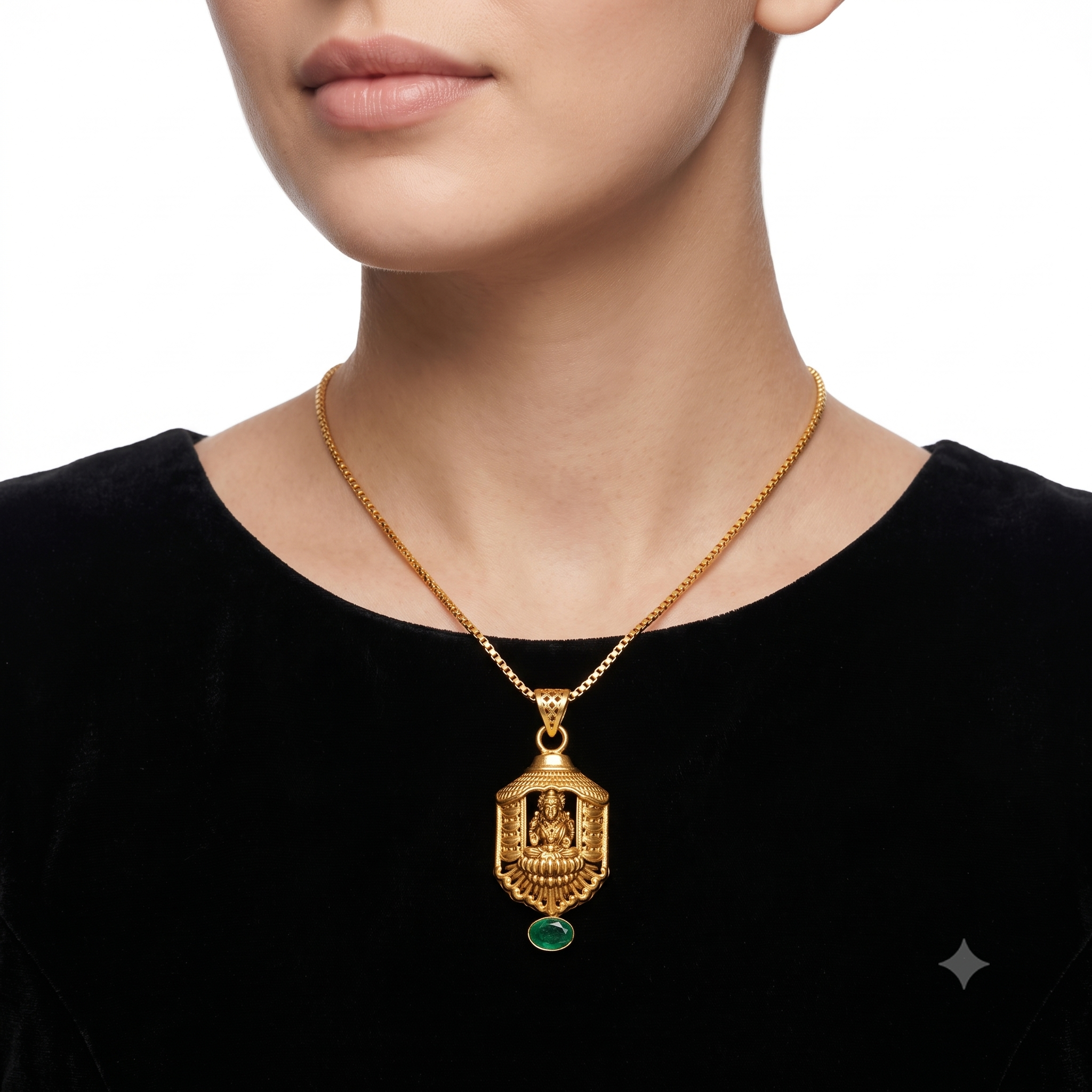 Divine Goddess Lakshmi Temple Pendant with Green Accent Drop Ivanah Silver