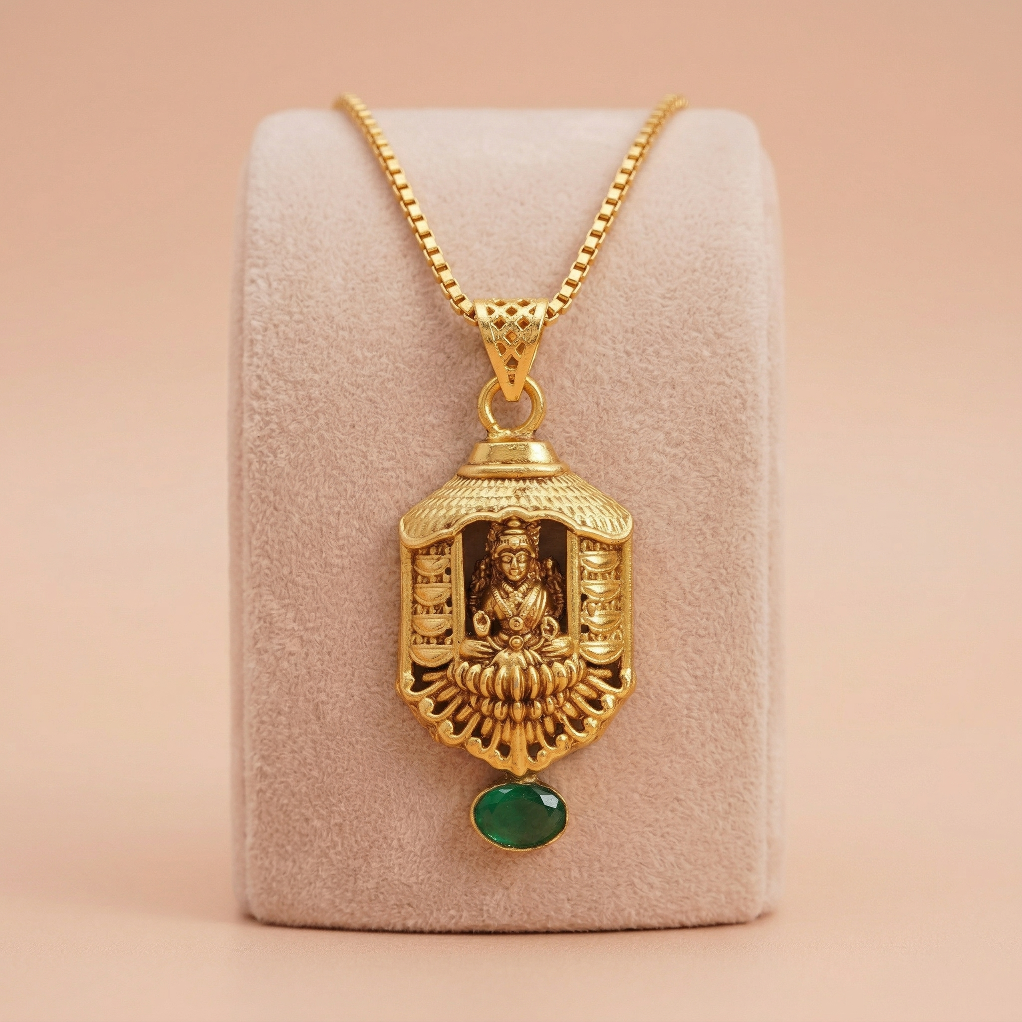 Divine Goddess Lakshmi Temple Pendant with Green Accent Drop Ivanah Silver
