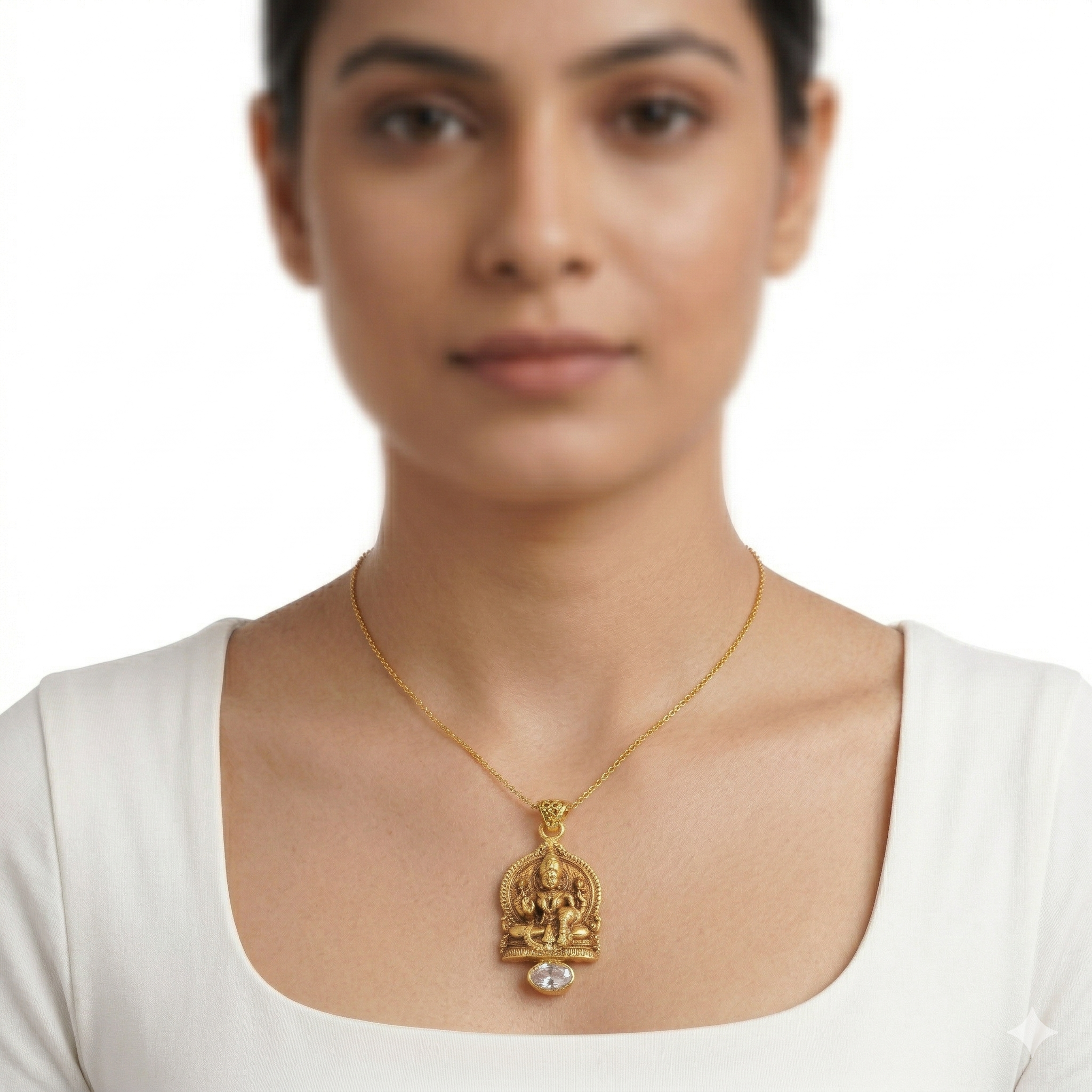 Traditional Seated Lakshmi Gold Pendant with Clear Stone Drop Ivanah Silver