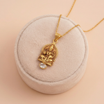 Traditional Seated Lakshmi Gold Pendant with Clear Stone Drop Ivanah Silver