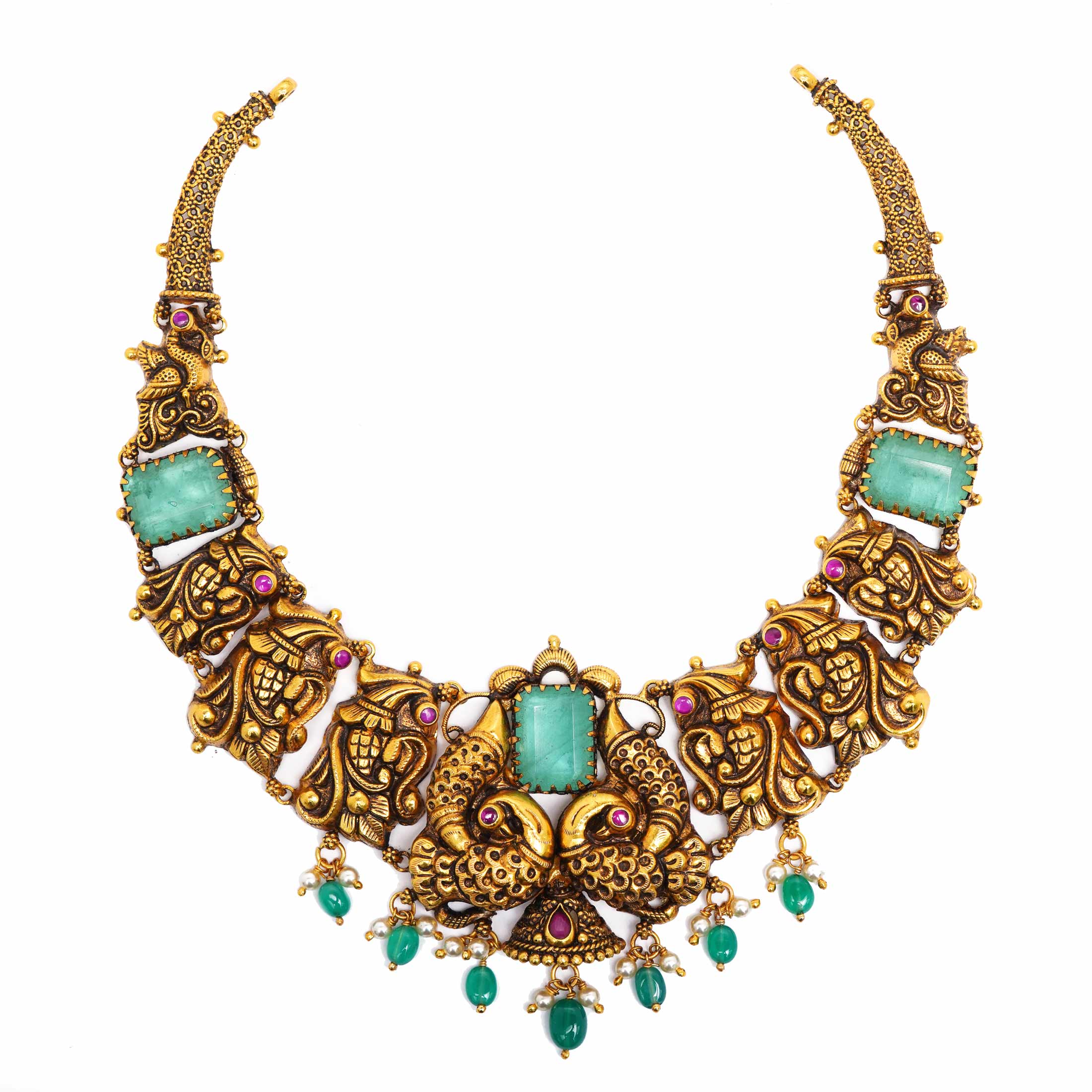 92.5 Silver  Royal Peacock Antique Necklace| Gold Plated Hasli Design with Emerald Green Stones Ivanah Silver
