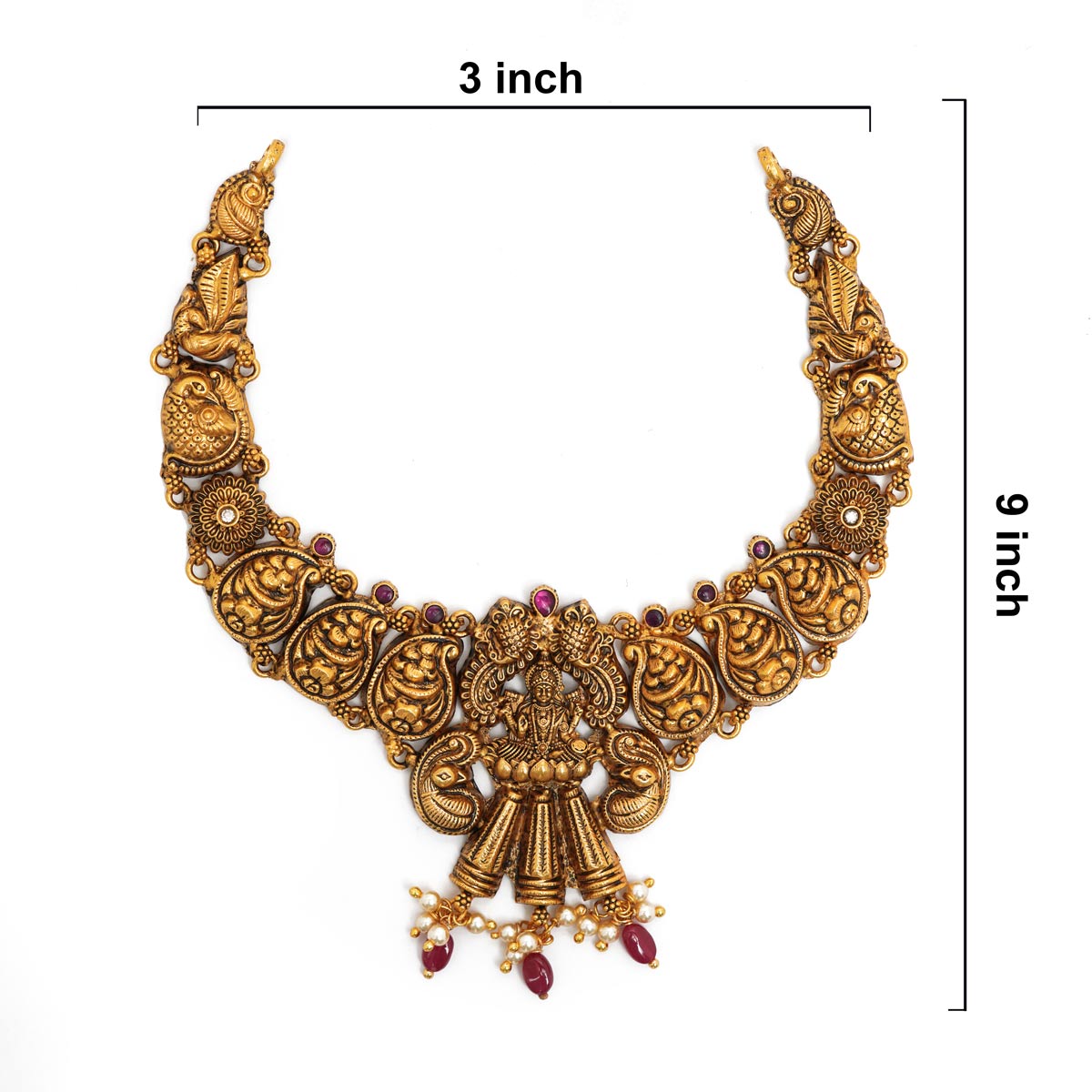 92.5 Silver Gold Plated Lakshmi Temple Necklace with Kemp Stones & Pearls Ivanah Silver