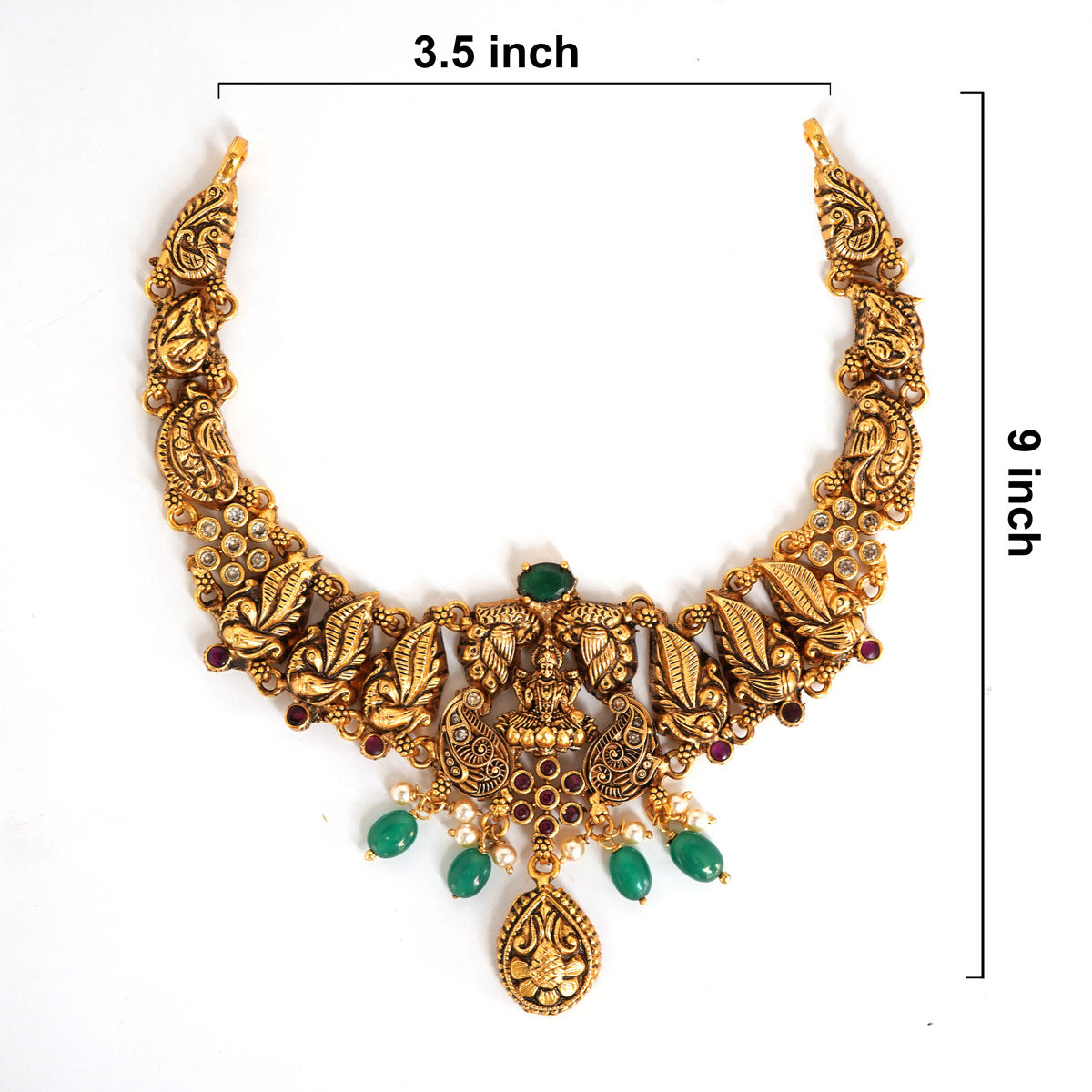 92.5 Silver Gold Plated Antique Lakshmi Necklace with Green Beads & Pearls Ivanah Silver